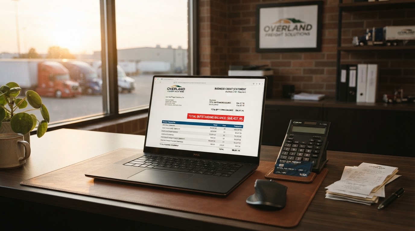 A clean modern trucking company office desk at golden hour with a laptop showing a business credit card statement with a high outstanding balance highlighted in red, a financial calculator, two stacked business credit cards on the desk, neat receipts, warm window light, no people, shallow depth of field, professional transportation finance aesthetic