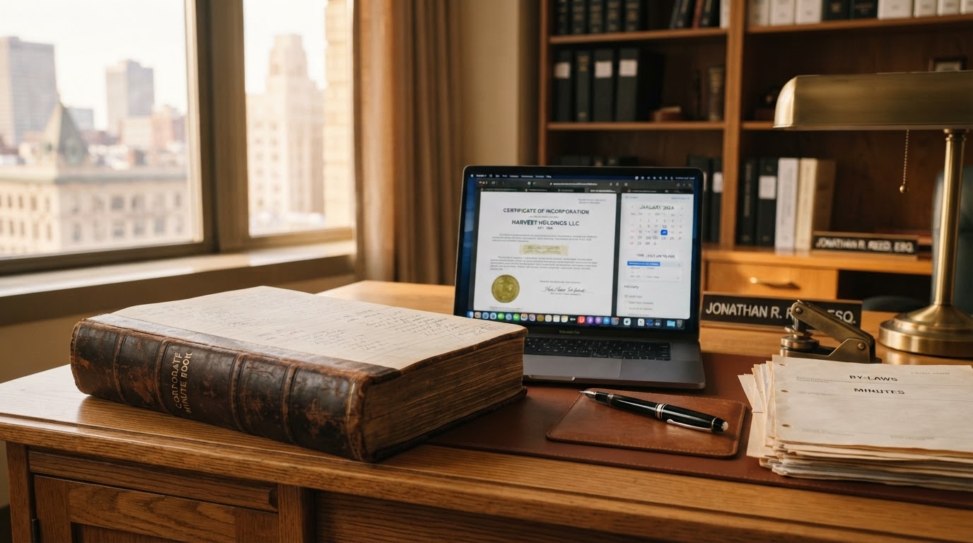 A vintage leather-bound corporate ledger book next to a modern laptop showing business incorporation documents and a calendar of years of history, a fountain pen, warm amber window light, a brass desk lamp, organized paperwork, no people, shallow depth of field, clean professional legal office aesthetic