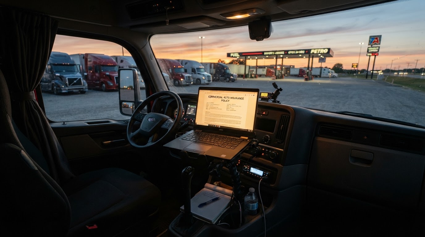 A semi truck cab parked at a truck stop at dusk with a glowing laptop on the dashboard showing an insurance document, no people, warm golden hour lighting