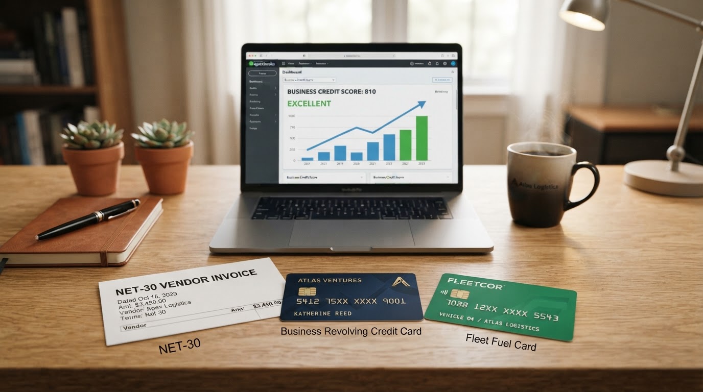 A clean desk with three distinct items laid out, a net-30 vendor invoice, a business revolving credit card, and a fleet fuel card, arranged in a neat fan formation, a laptop behind them showing a business credit score chart trending upward, a cup of coffee, warm office lighting, no people, shallow depth of field, professional finance aesthetic