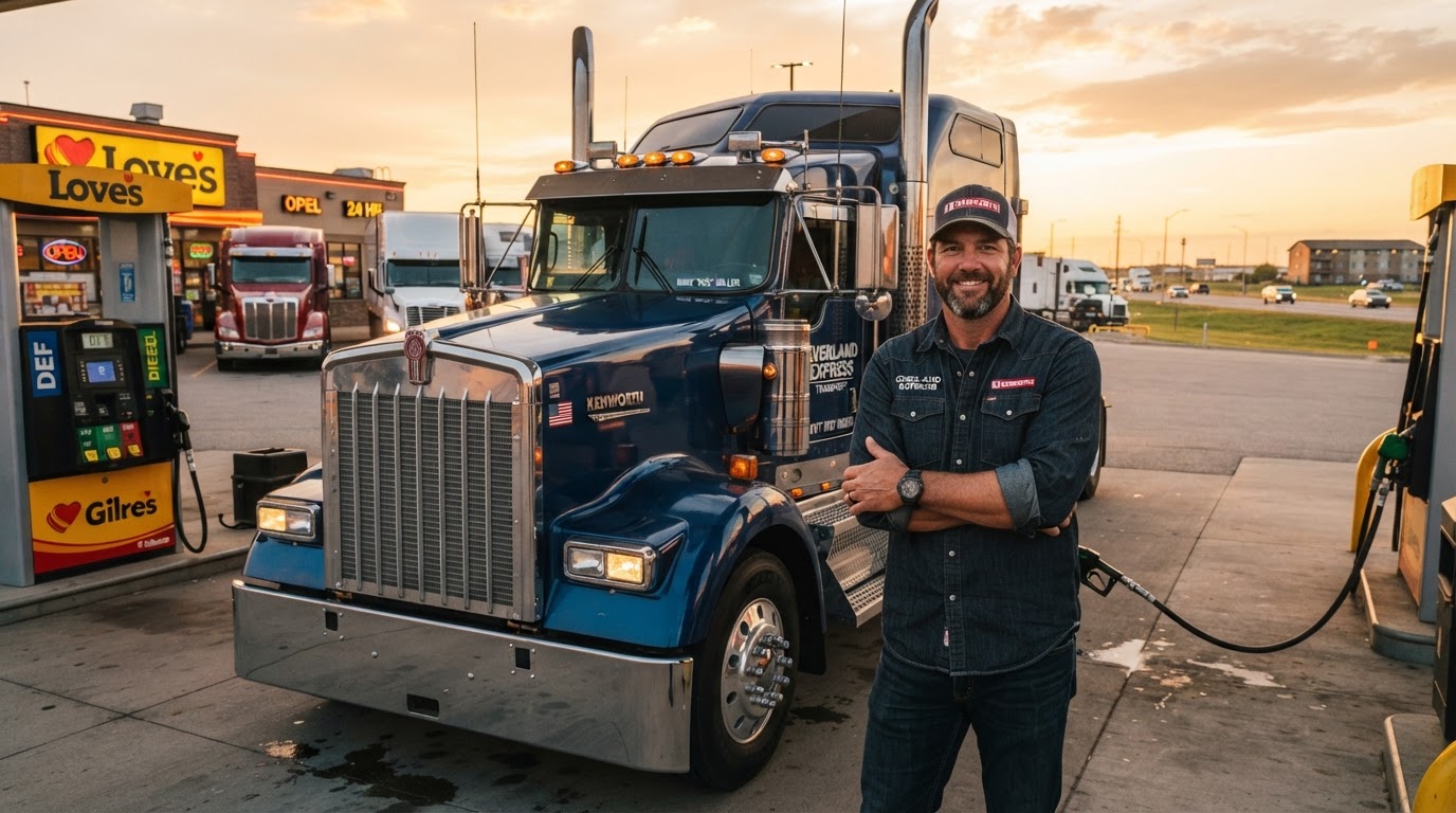 A professional trucker standing confidently beside a polished semi-truck cab at a fuel stop during golden hour
