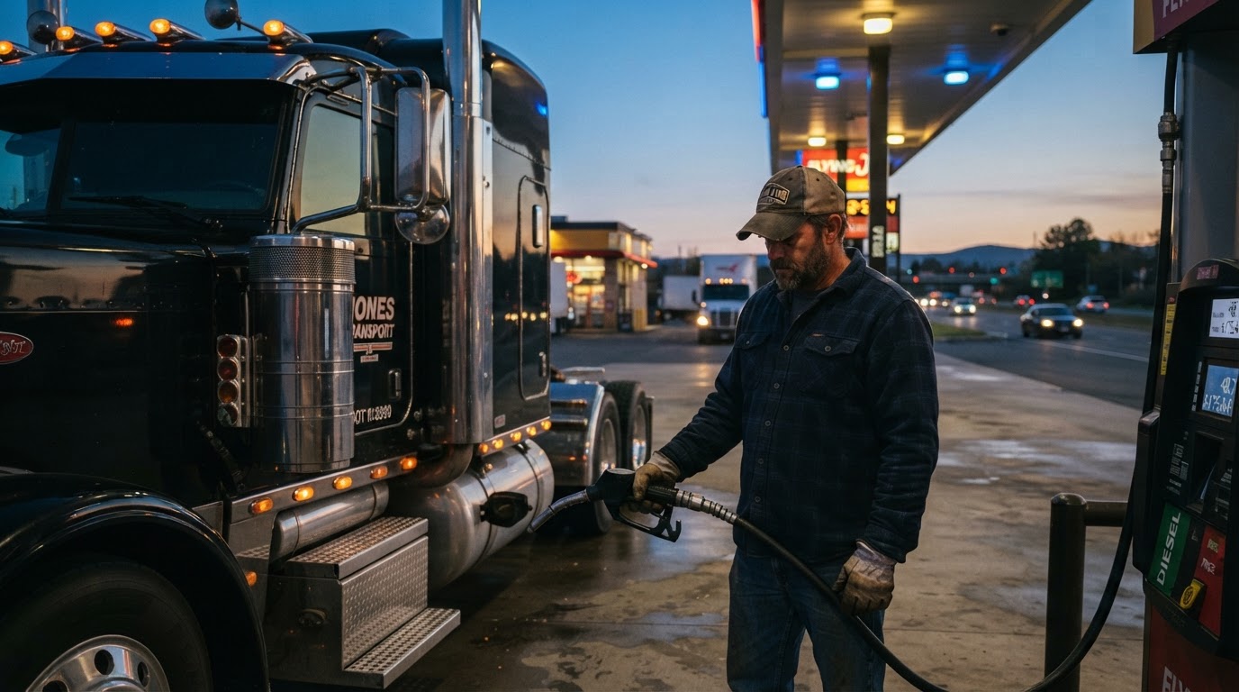 A long-haul trucker refueling a polished black semi-truck at a modern truck stop at dusk