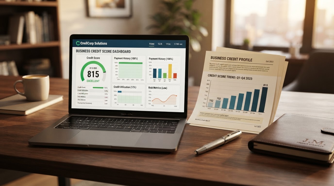 A clean office desk with a laptop displaying a business credit score dashboard, printed business credit report pages with a rising score chart, a fountain pen and a leather portfolio, warm lighting, no people, shallow depth of field, professional finance aesthetic