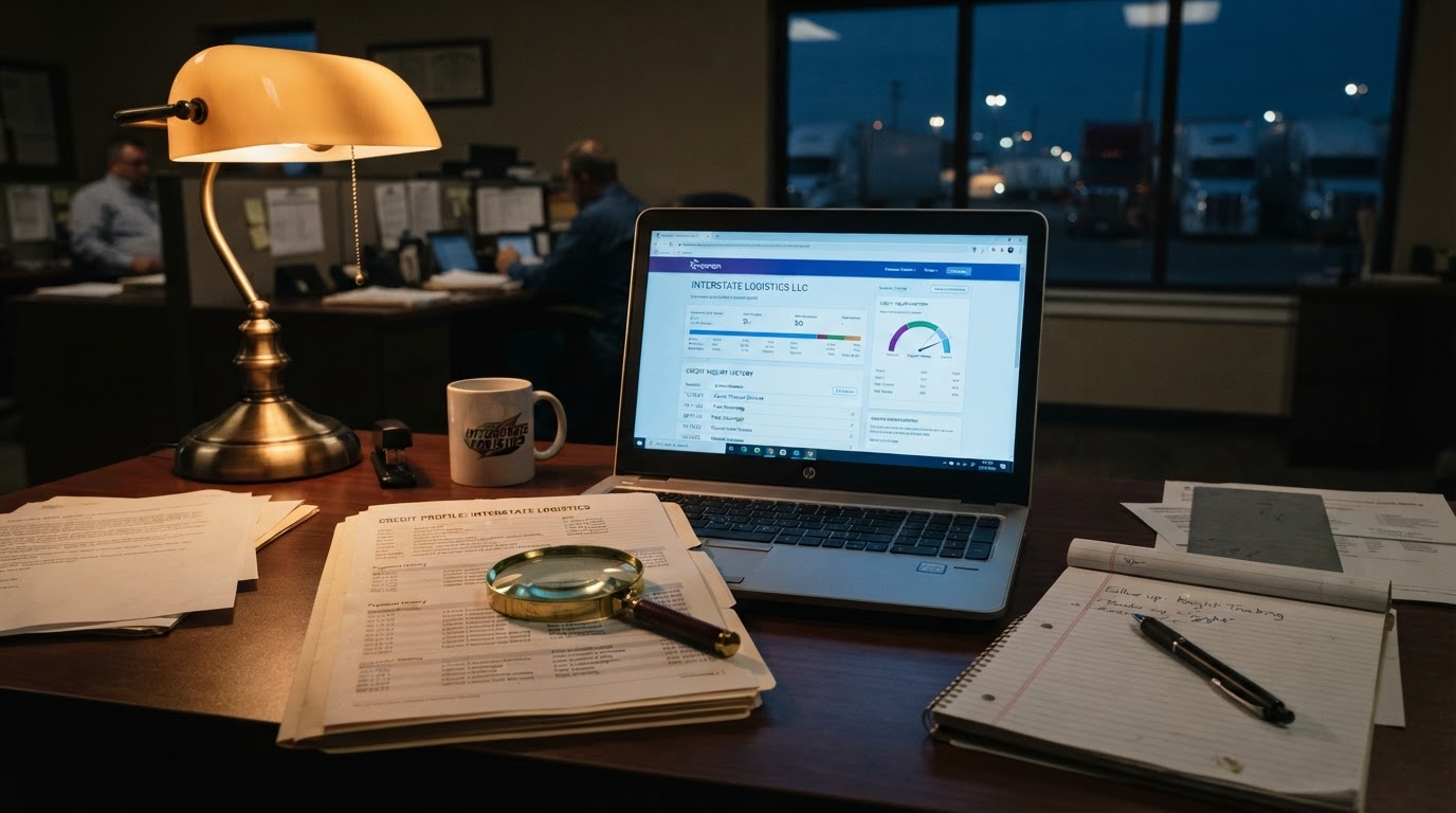 A trucking company desk at dusk with a laptop showing a business credit report with inquiry history, a magnifying glass over a printed credit file, a pen and notepad, soft blue and amber desk lamp lighting, no people, shallow depth of field, professional transportation finance office aesthetic
