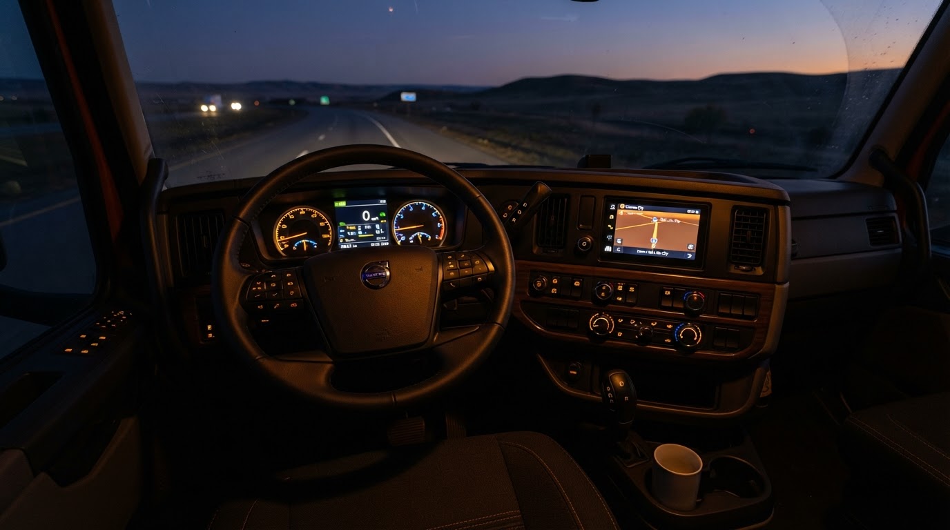 A modern semi truck cab interior dashboard at dawn, glowing instrument cluster and GPS screen, steering wheel, no people, warm ambient blue and amber lighting, clean professional transportation photography