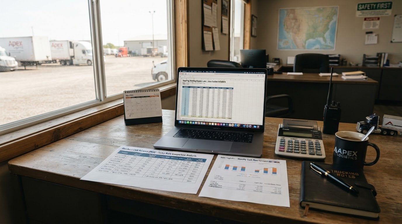 A trucking company office desk with a calculator, a laptop showing a working capital loan amortization schedule next to a merchant cash advance factor rate comparison sheet, a cup of coffee, a printed cash flow forecast, warm natural window light, no people, shallow depth of field, professional transportation finance aesthetic