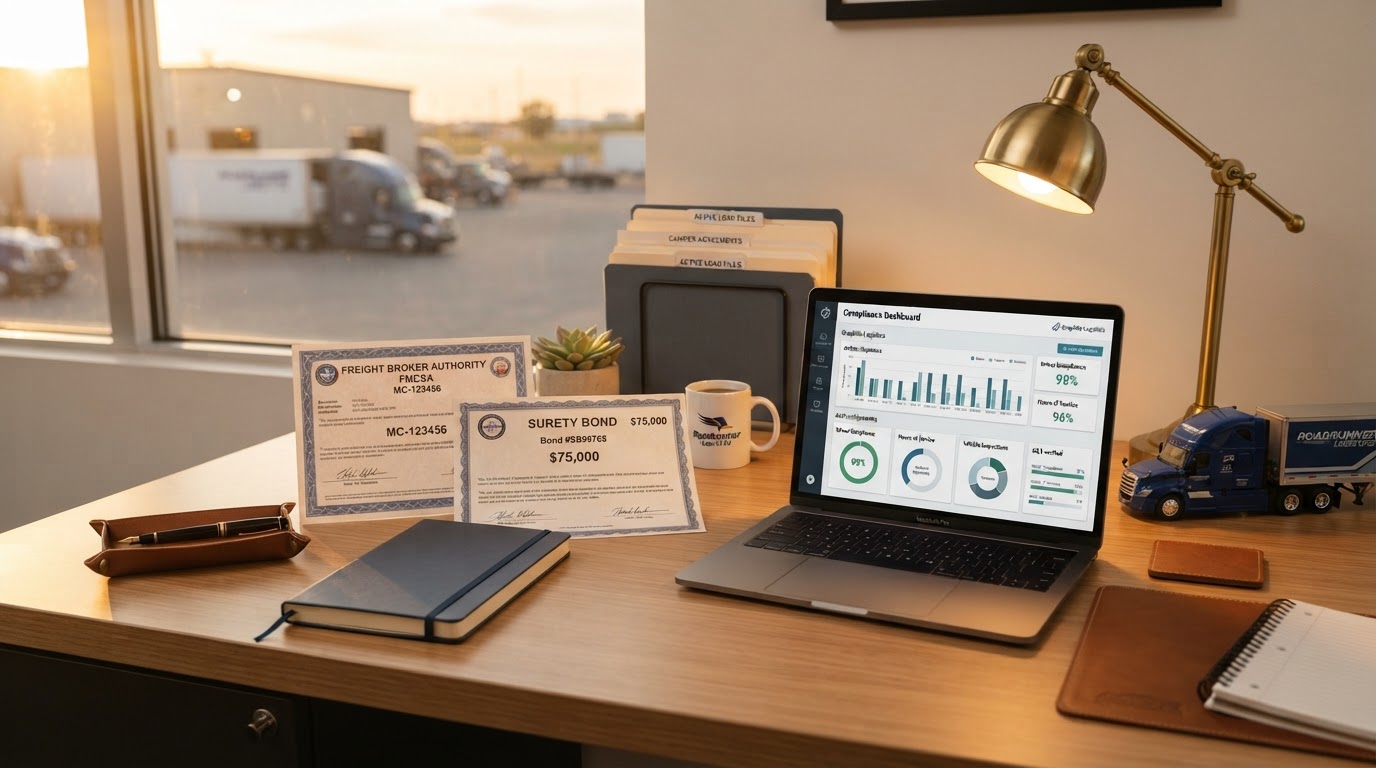 A clean modern trucking logistics office desk at golden hour showing a freight broker authority document and a surety bond certificate, a laptop displaying a compliance dashboard, a fountain pen, a brass desk lamp, warm natural window light, organized paperwork, a model semi-truck, no people, shallow depth of field, professional commercial photography, warm paper-and-ink tones