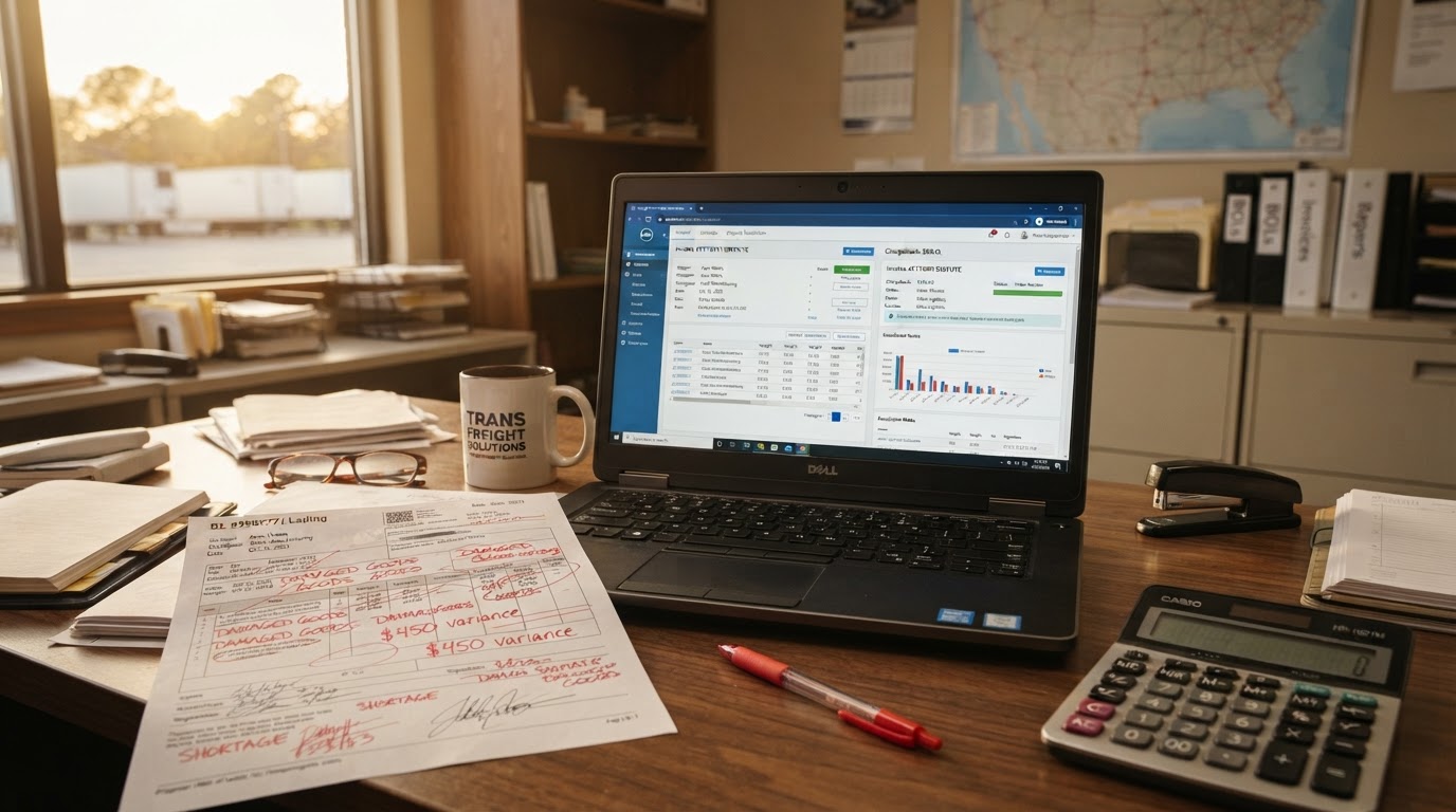 A trucking company office desk with a laptop showing a freight invoice dispute resolution screen and a chargeback report, a printed freight bill of lading, a calculator and red pen marking discrepancies, warm afternoon window light, no people, shallow depth of field, professional transportation finance office aesthetic