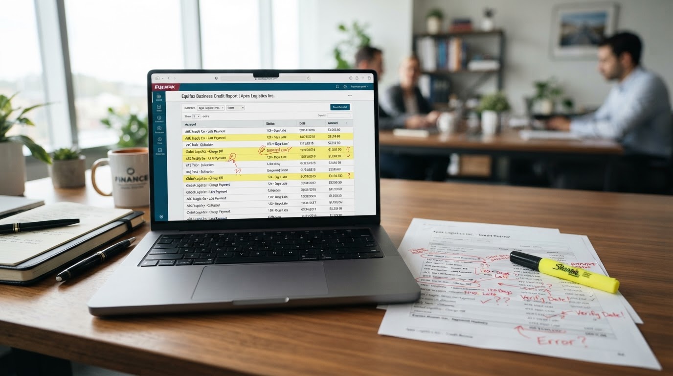 A desk with a laptop showing a business credit report with several disputed entries highlighted in yellow, printed credit report pages with handwritten red markup circles, a highlighter pen, bright office light, no people, shallow depth of field, professional finance aesthetic