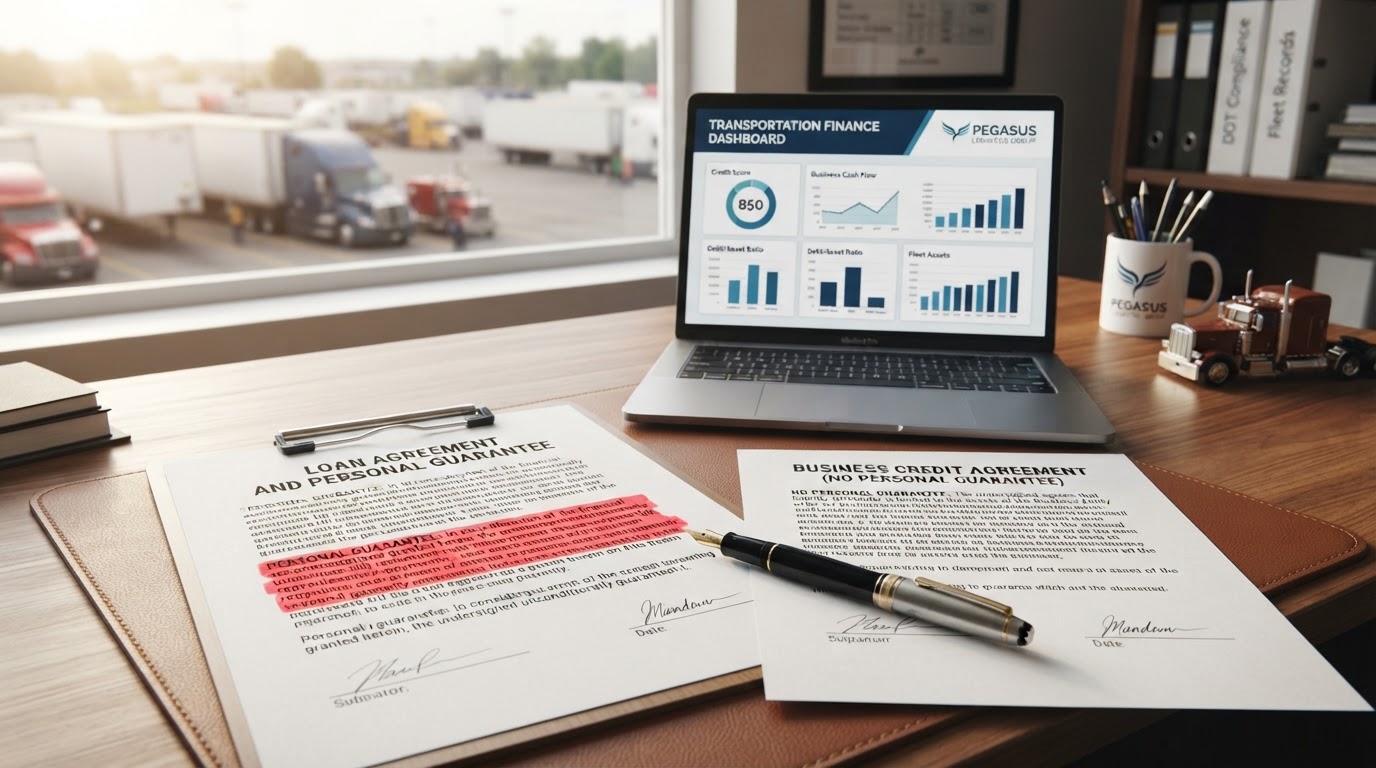 A trucking company office desk with two legal documents side by side, one a personal guarantee clause highlighted in red and one a no-personal-guarantee business credit agreement, a fountain pen, a laptop showing a business credit dashboard, warm natural window light, no people, shallow depth of field, professional transportation finance aesthetic