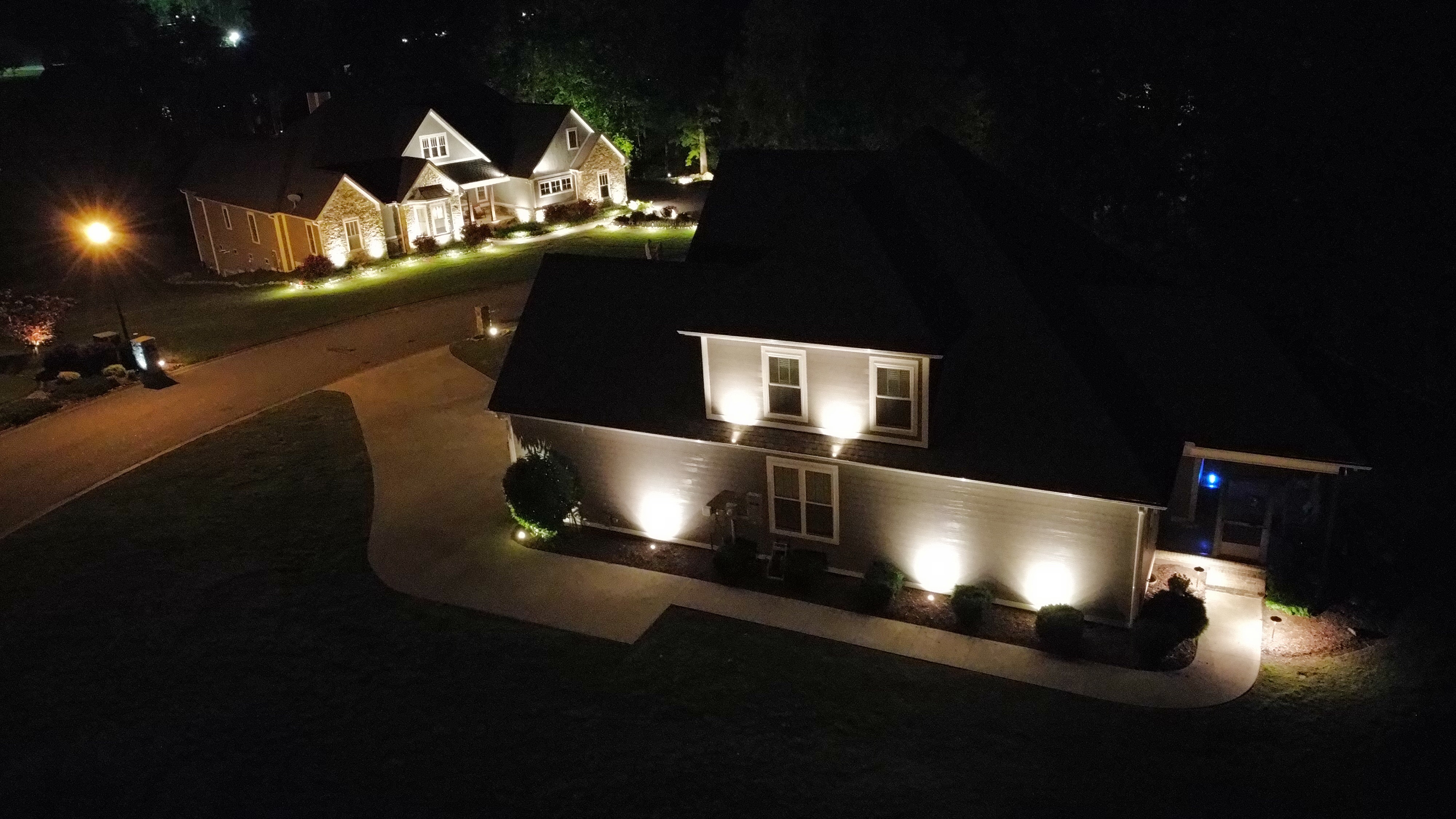 Aerial view of color-changing outdoor lighting installation in SC