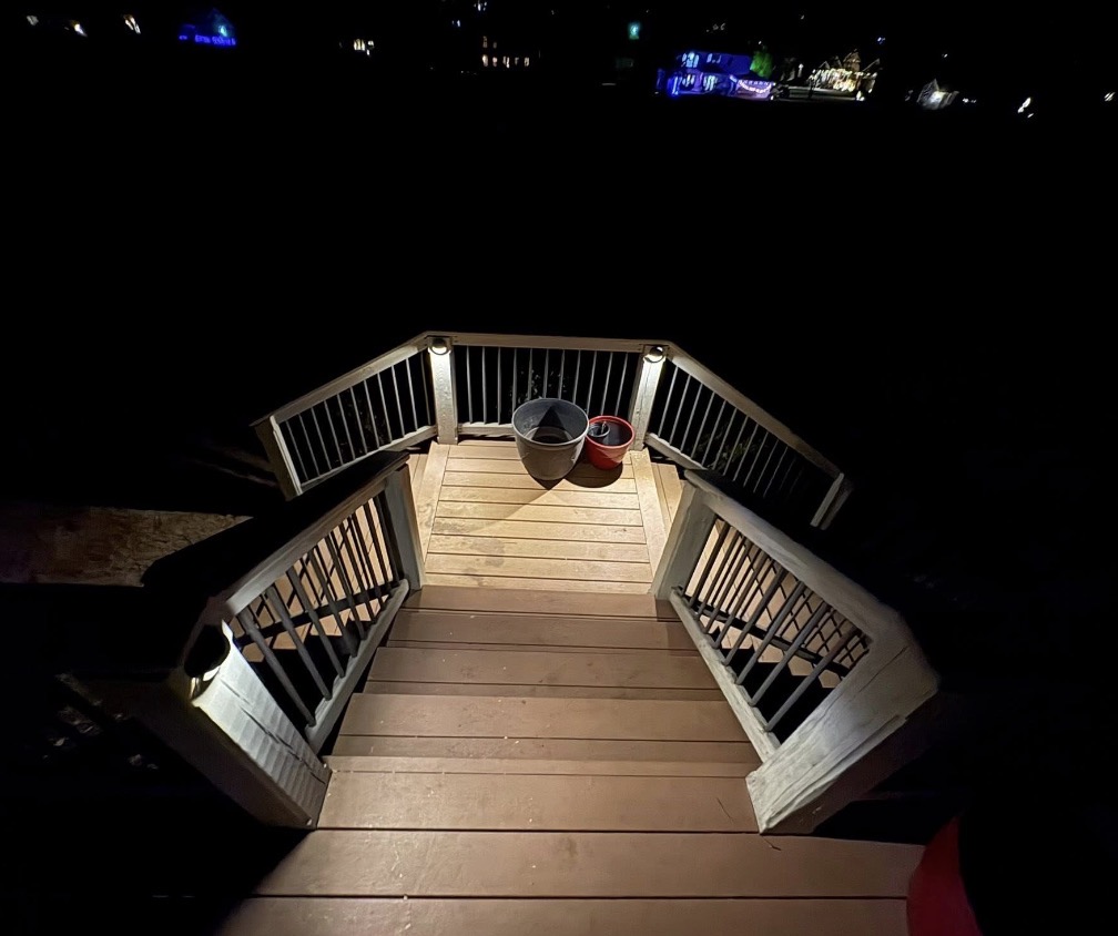 Custom wooden deck staircase and railing safety accent lighting installation in Simpsonville SC