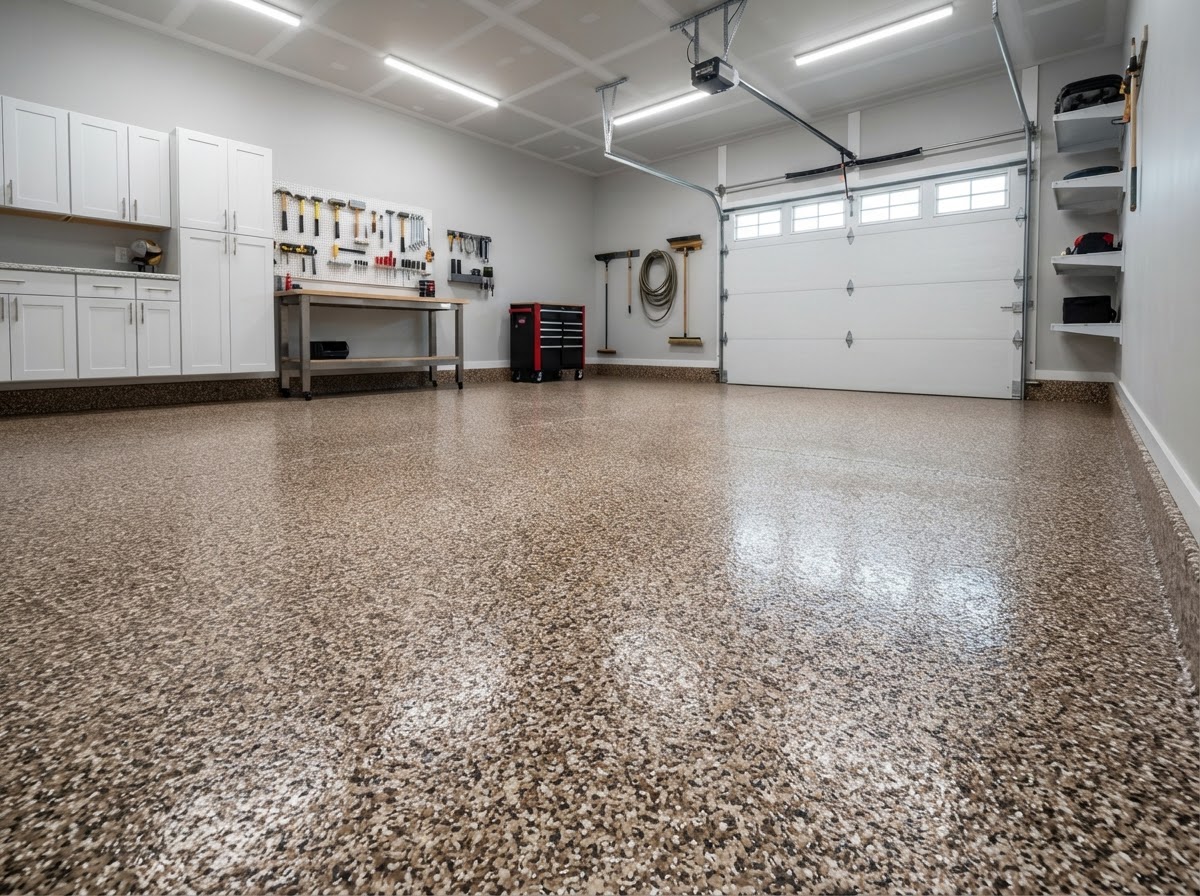 Flake epoxy garage floor finish