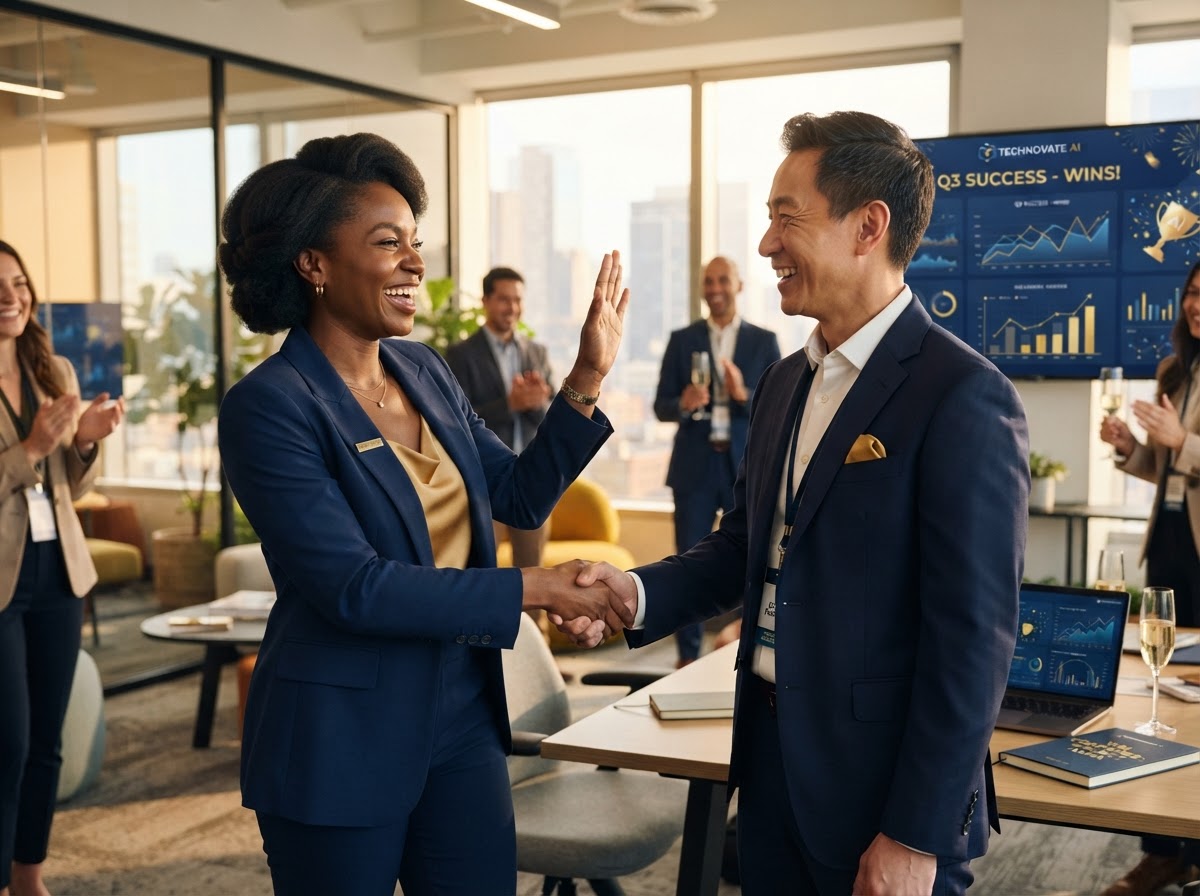 A joyous moment between consultant and client celebrating a business win together