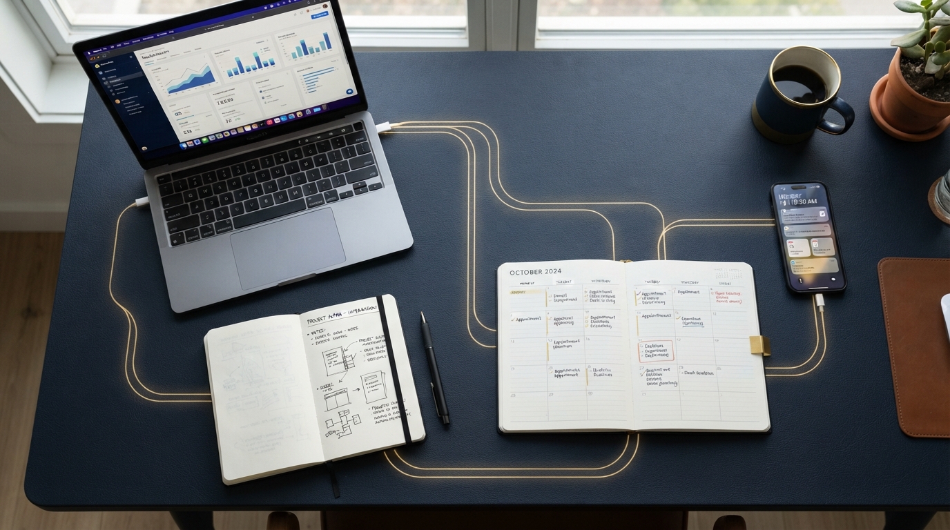 Connected business system concept showing laptop, phone, calendar, and notebook with flowing connections on a navy desk