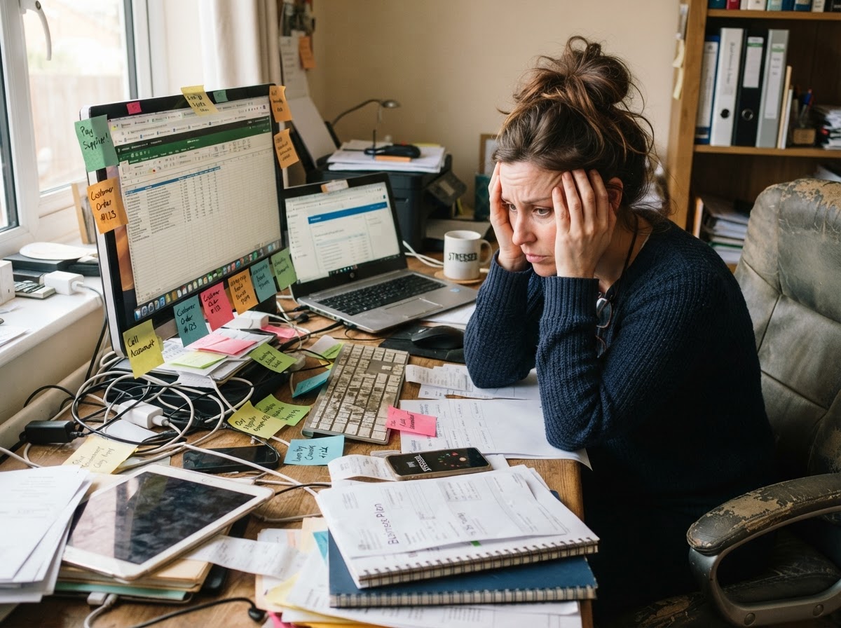 A business owner overwhelmed by disconnected tools and manual tasks at a cluttered desk