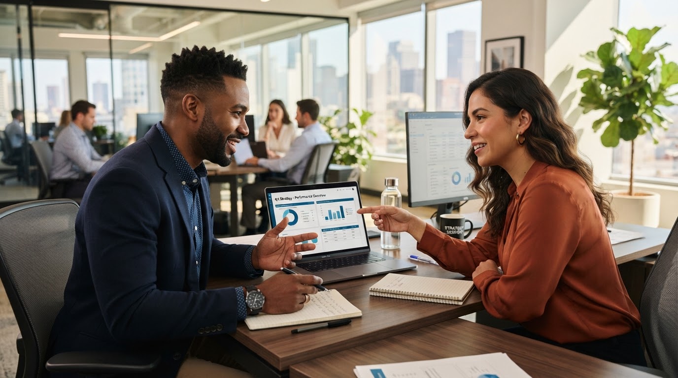 Two culturally diverse business professionals collaborating on digital strategy at a modern desk