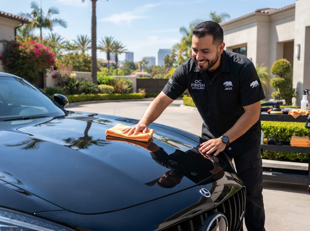 Detailer working on a vehicle with a microfiber towel