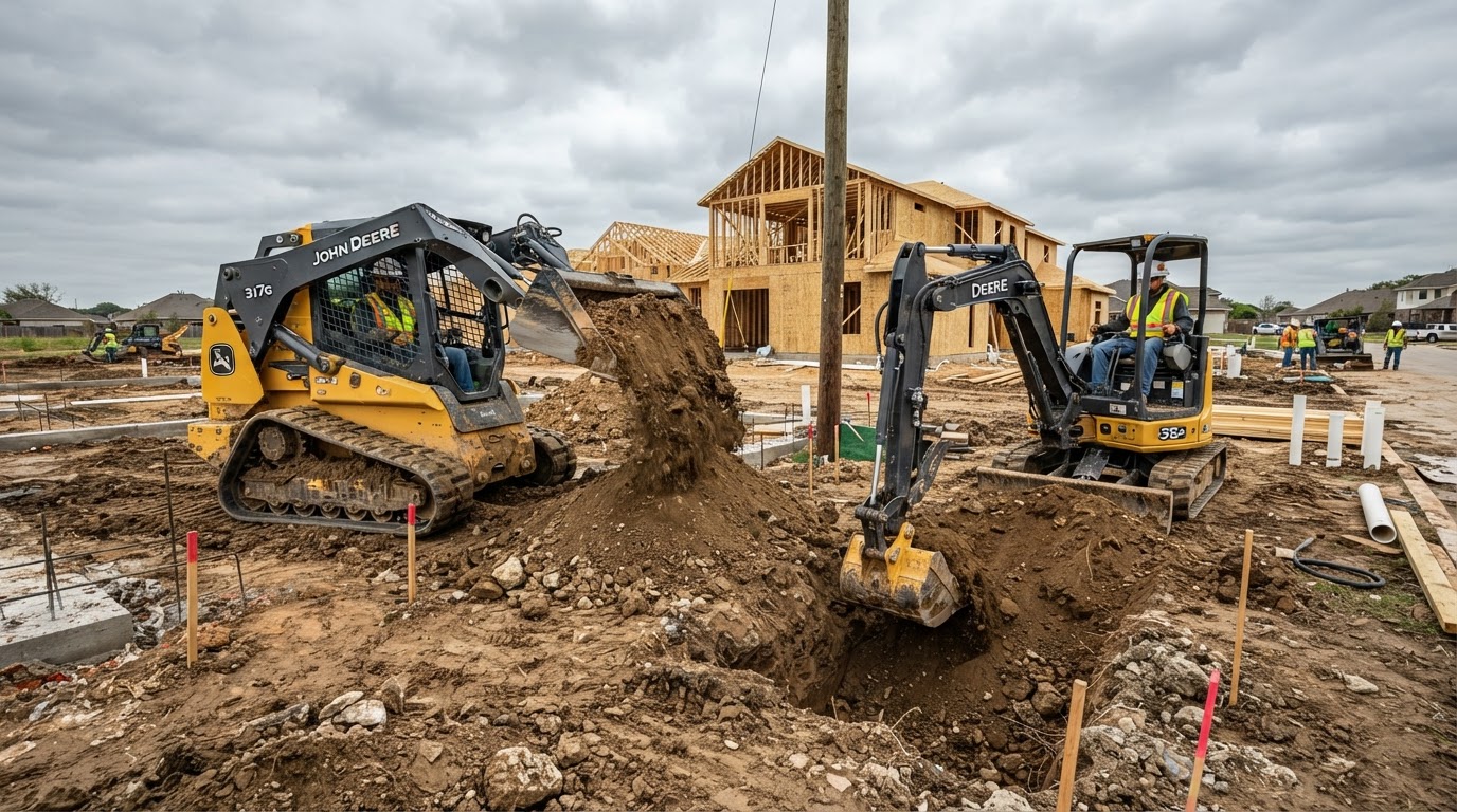 John Deere 317G track loader and 35P mini excavator working on a construction site