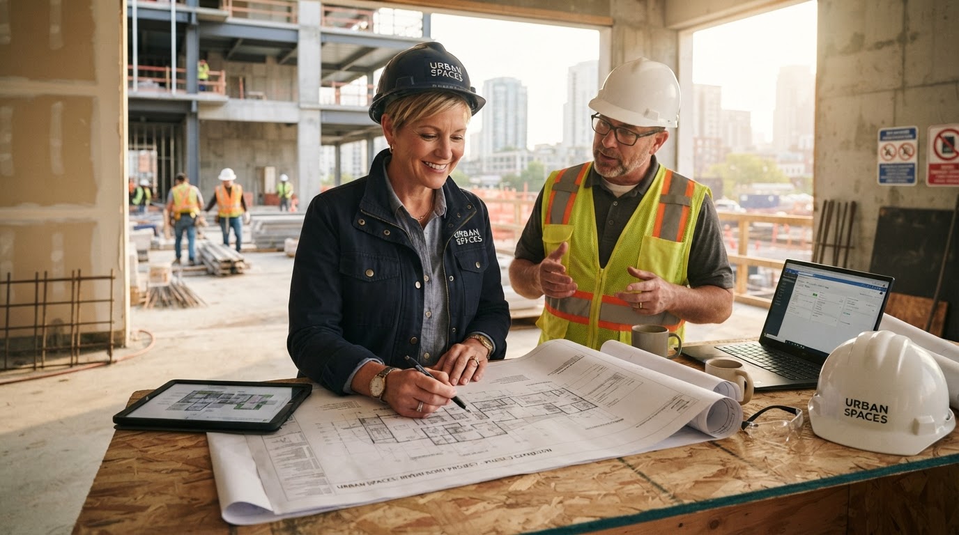 Established business owner reviewing expansion plans and blueprints