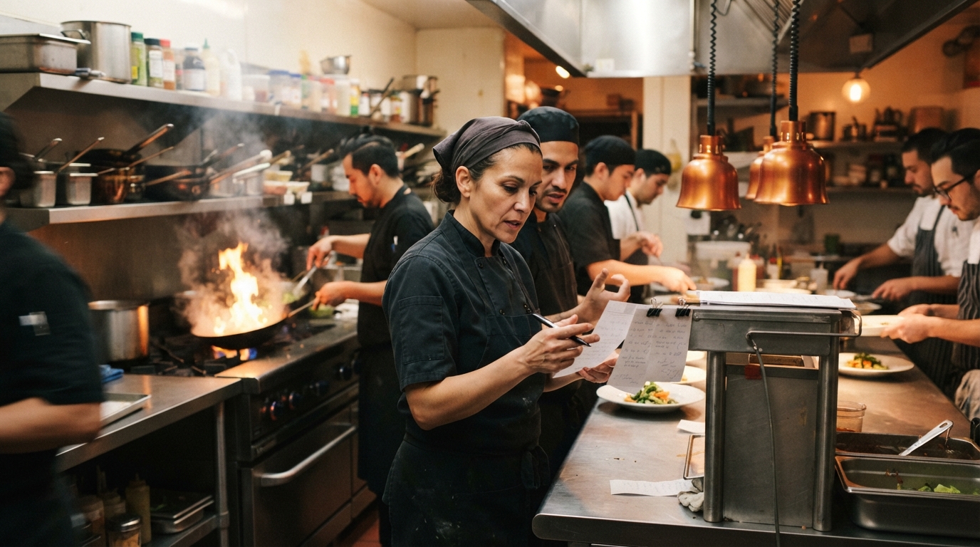 Restaurant owner reviewing operations at the counter