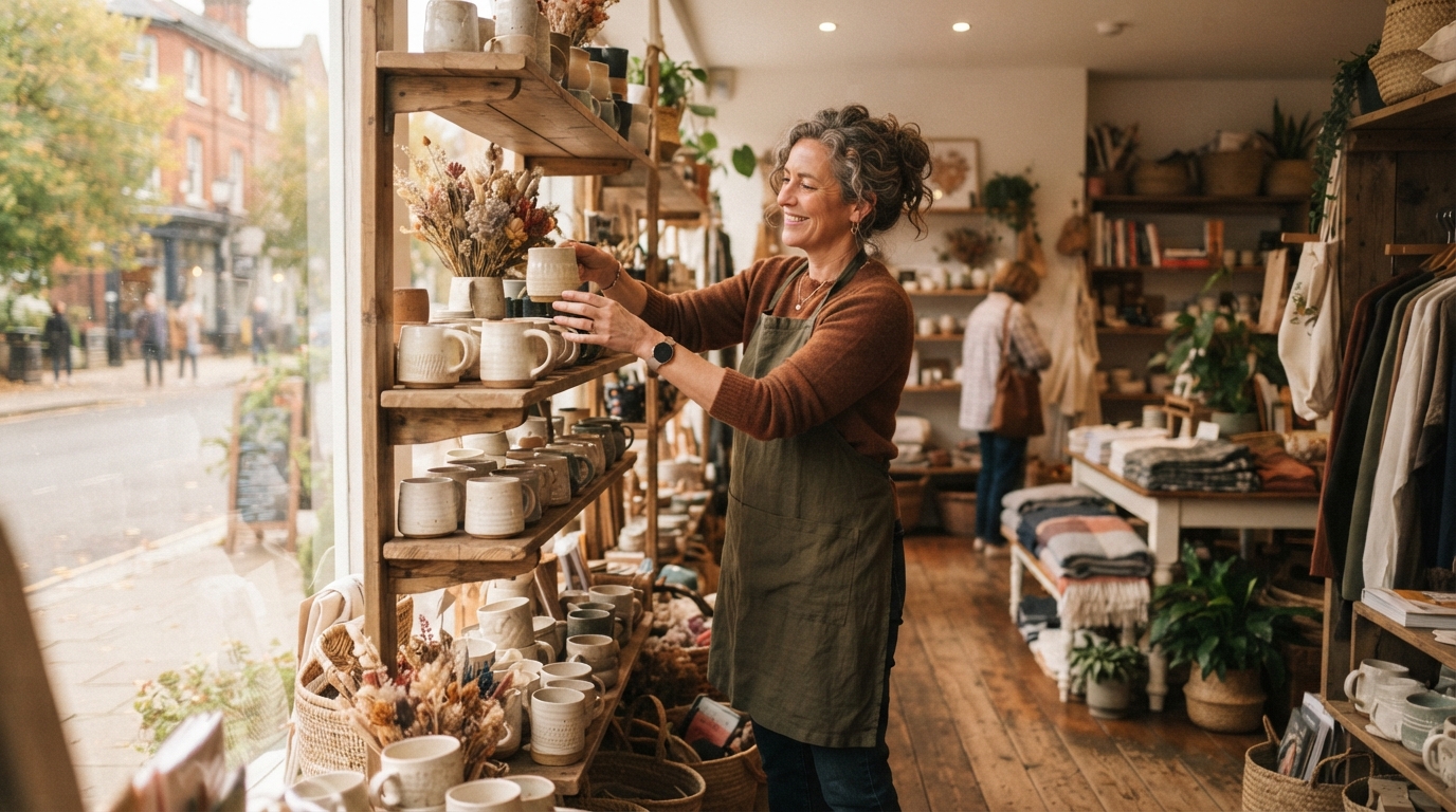 Retail store owner managing inventory inside their shop