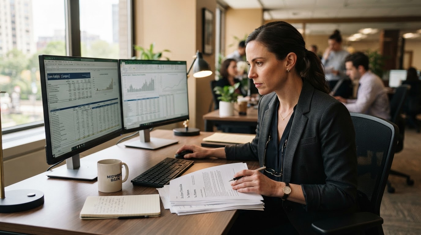 Underwriter analyzing business financial figures on a screen