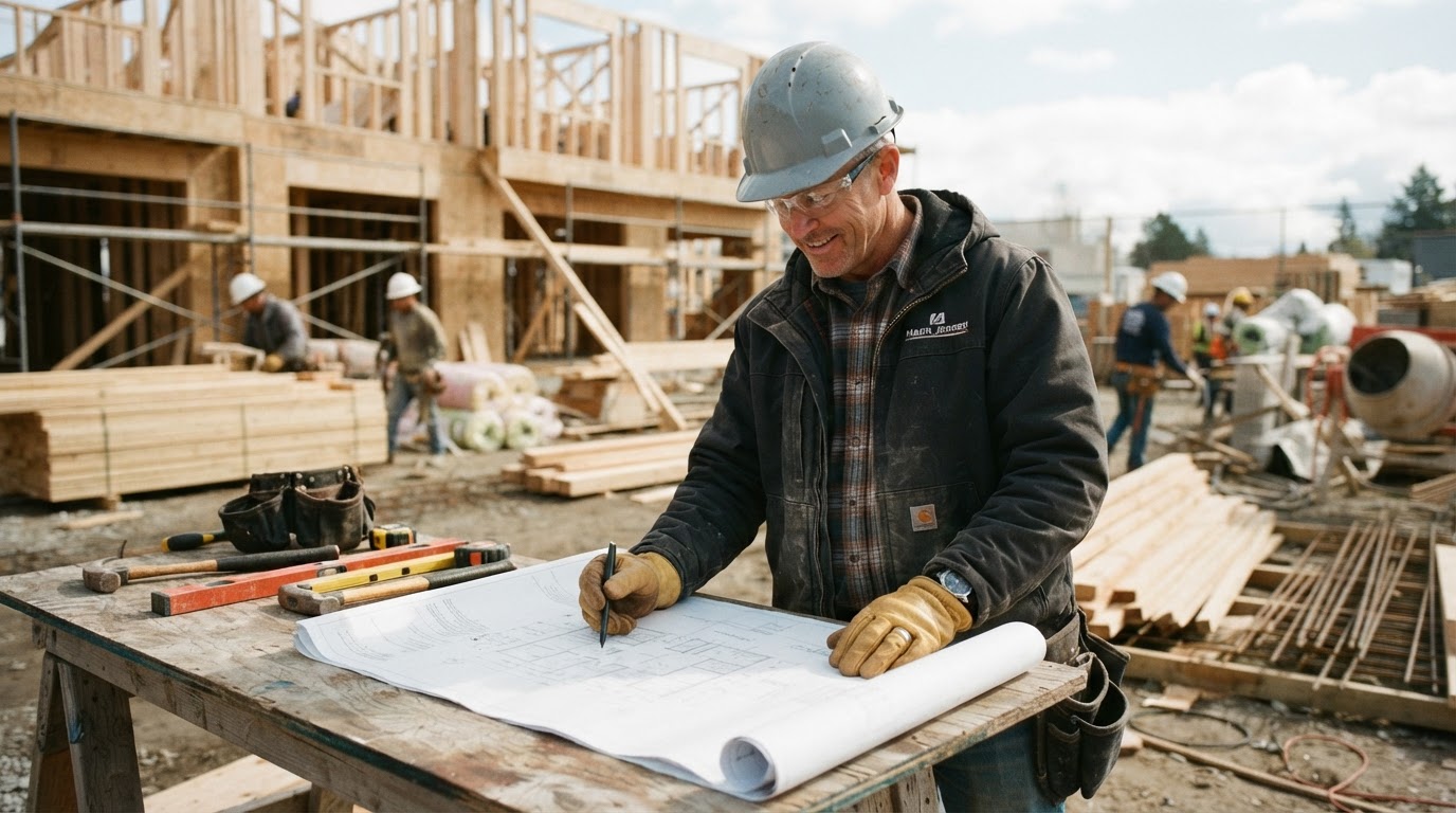 Contractor reviewing plans at an active job site
