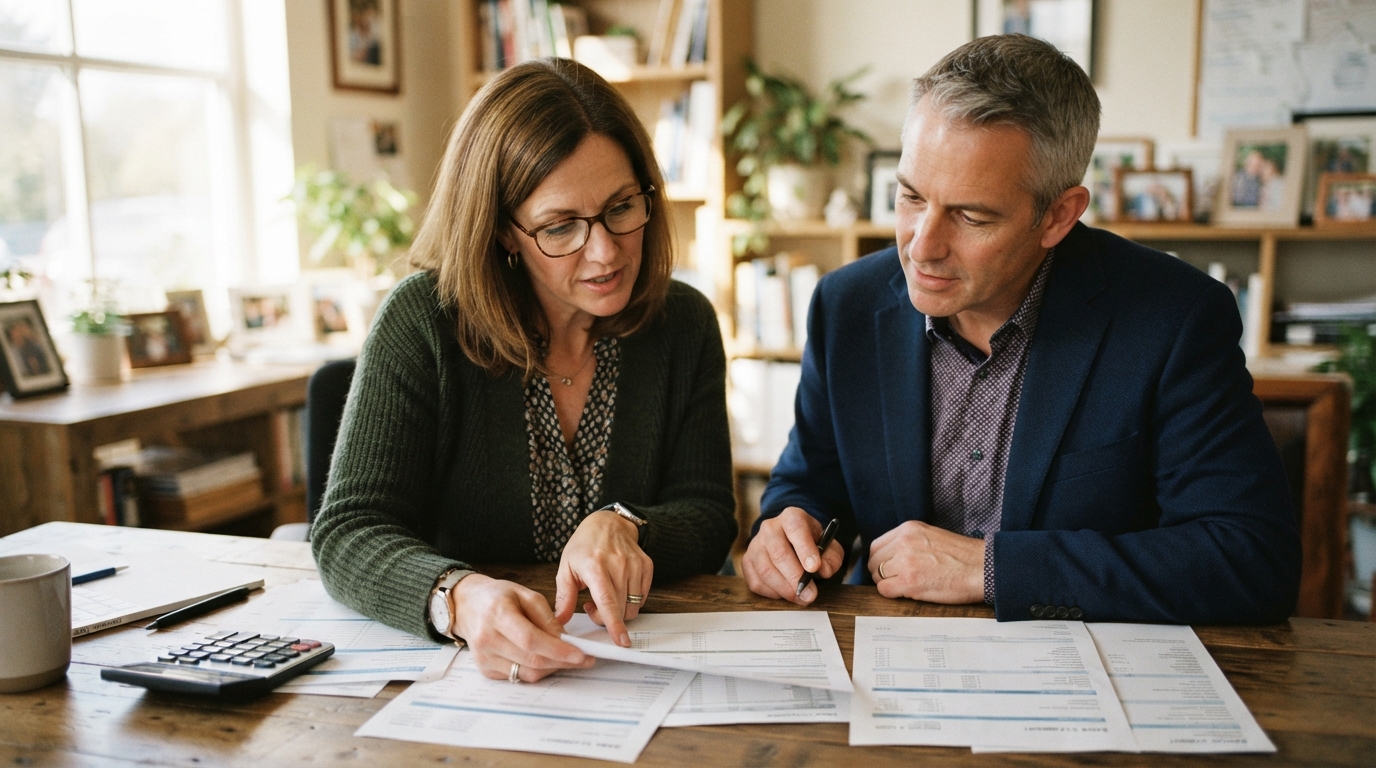 Small business owner reviewing funding documents with a financial advisor
