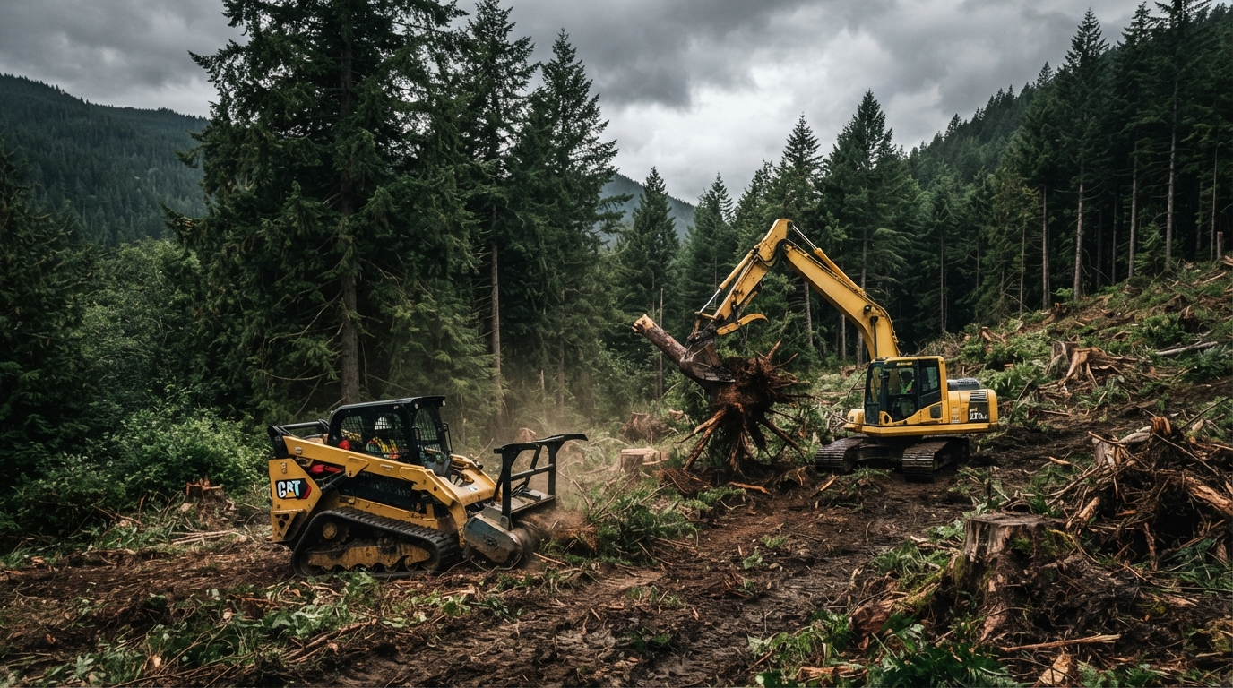 Skid steer and excavator clearing land in a Pacific Northwest forest near Brush Prairie, Washington