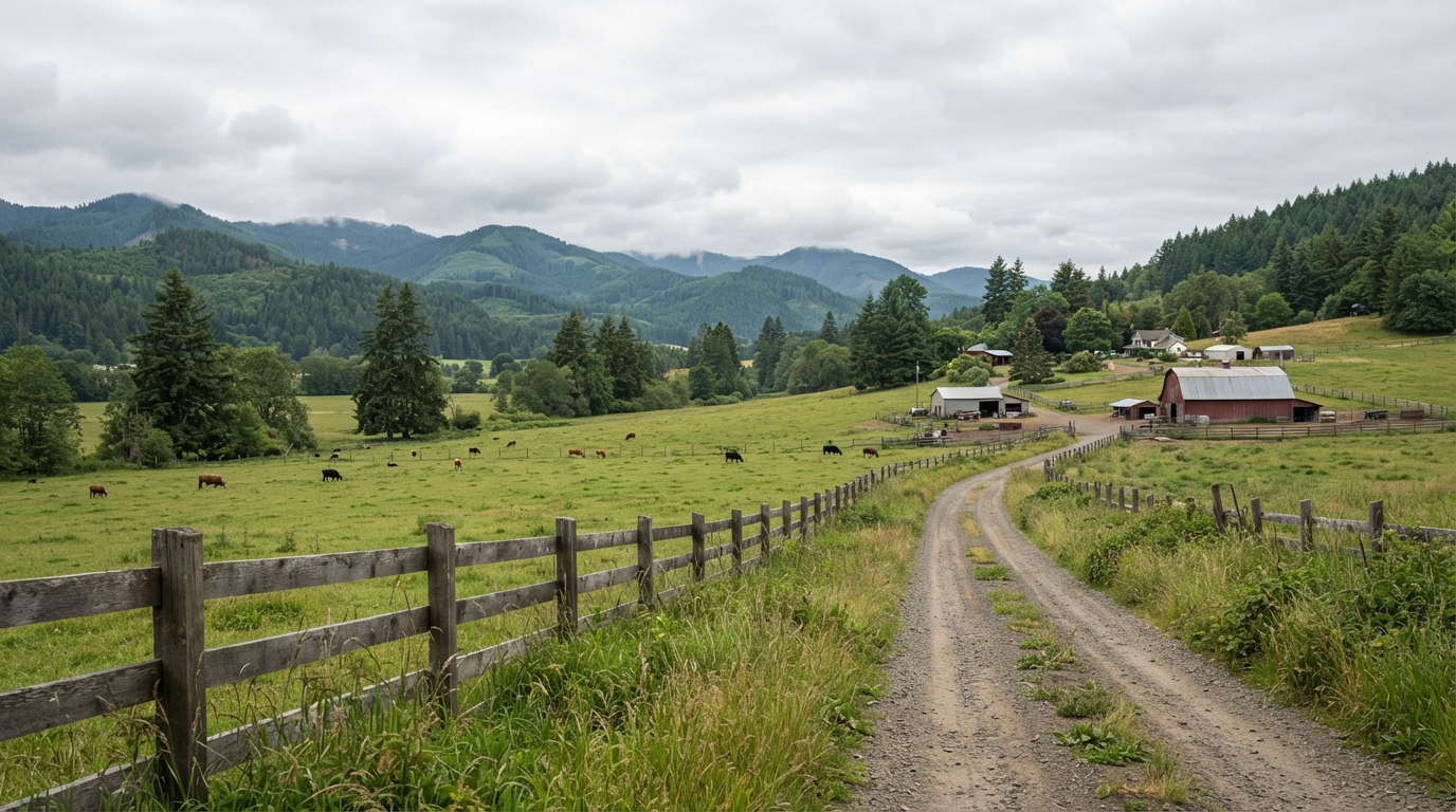Rural ranch acreage with pasture, fence line and gravel access road in Southwest Washington