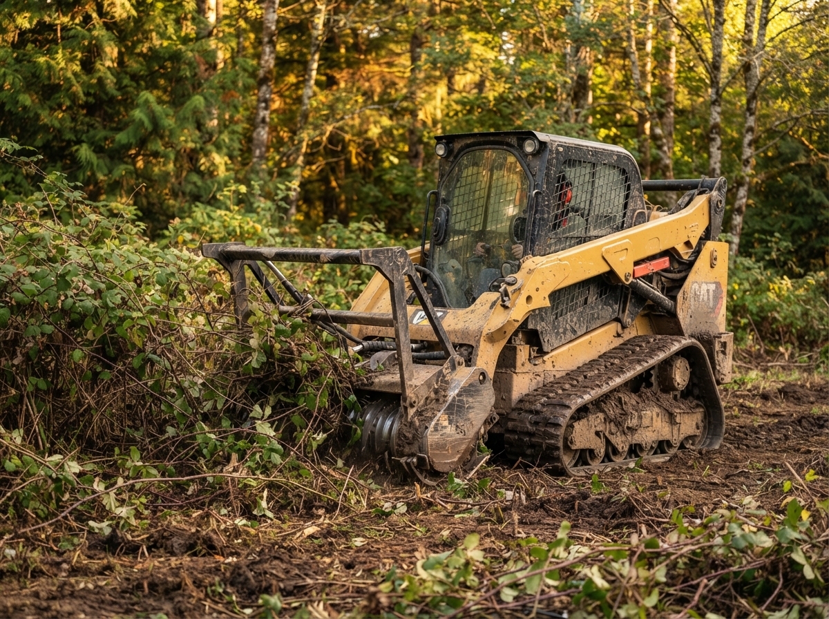 Trinity Ranch Contracting skid steer clearing brush on a rural Brush Prairie property