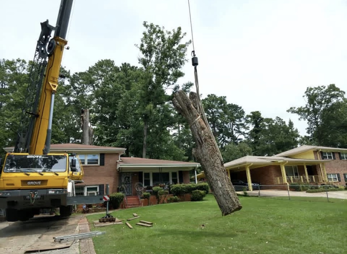 Crane lifting a large tree section during a Shackleford Tree Service removal in Austell GA