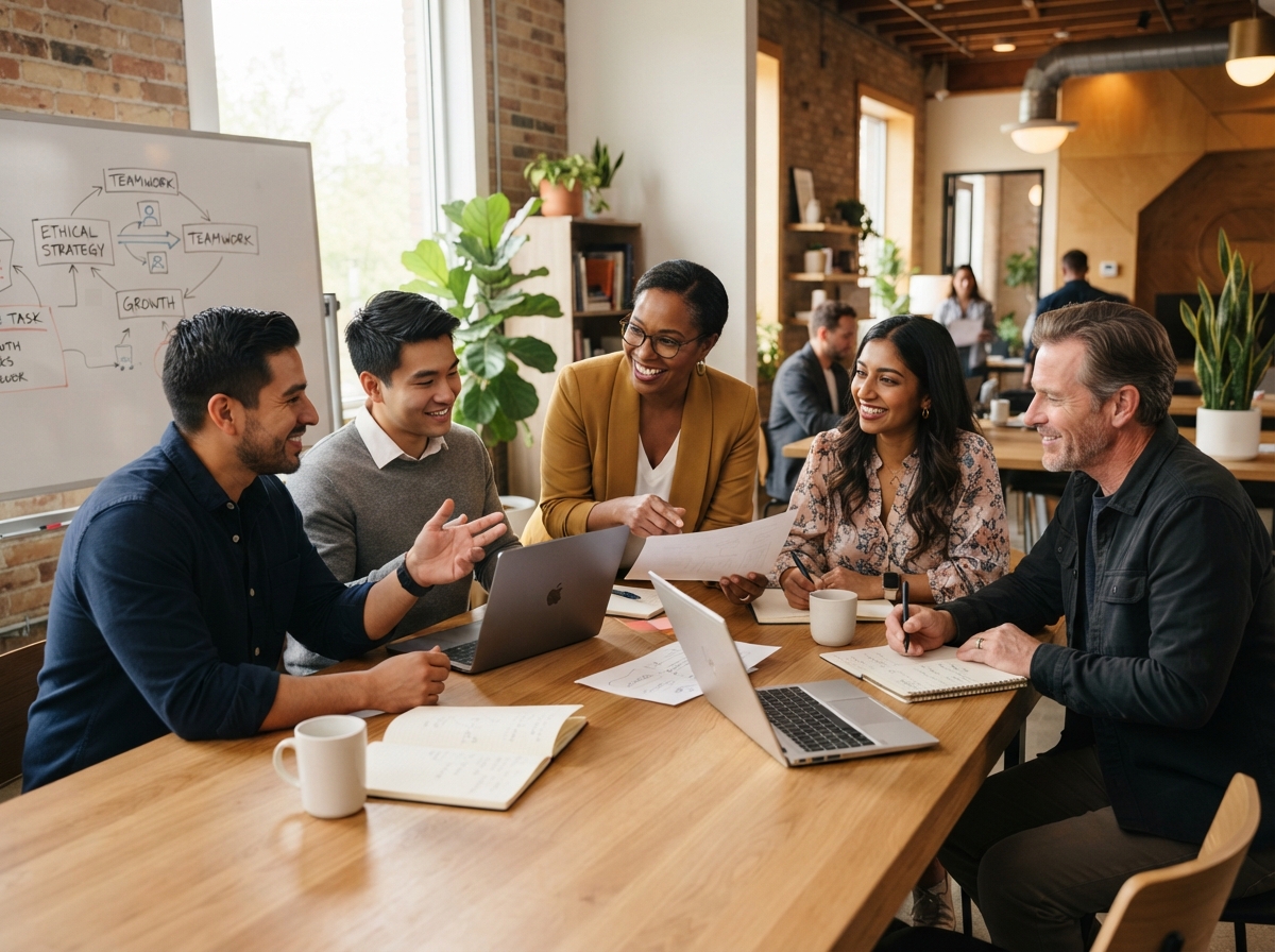 A small group of diverse professionals collaborating around a table in a modern workspace