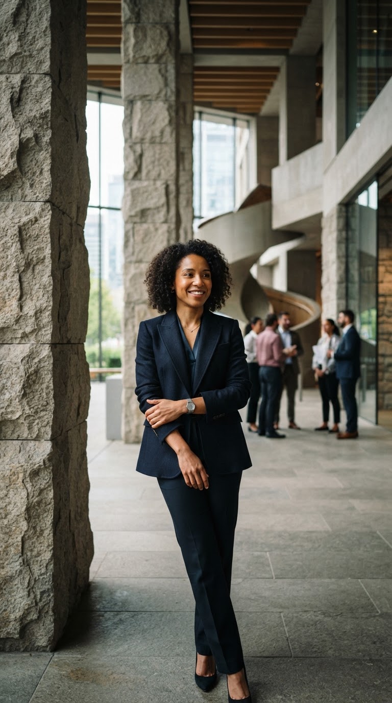 A confident professional leader standing in a sophisticated architectural environment, representing integrity and trust