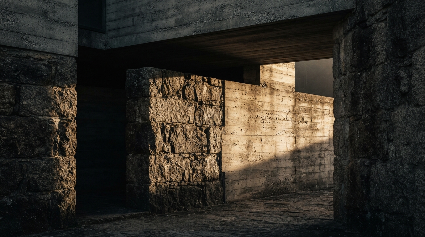 Abstract architectural atmosphere with dramatic stone forms and raking golden light