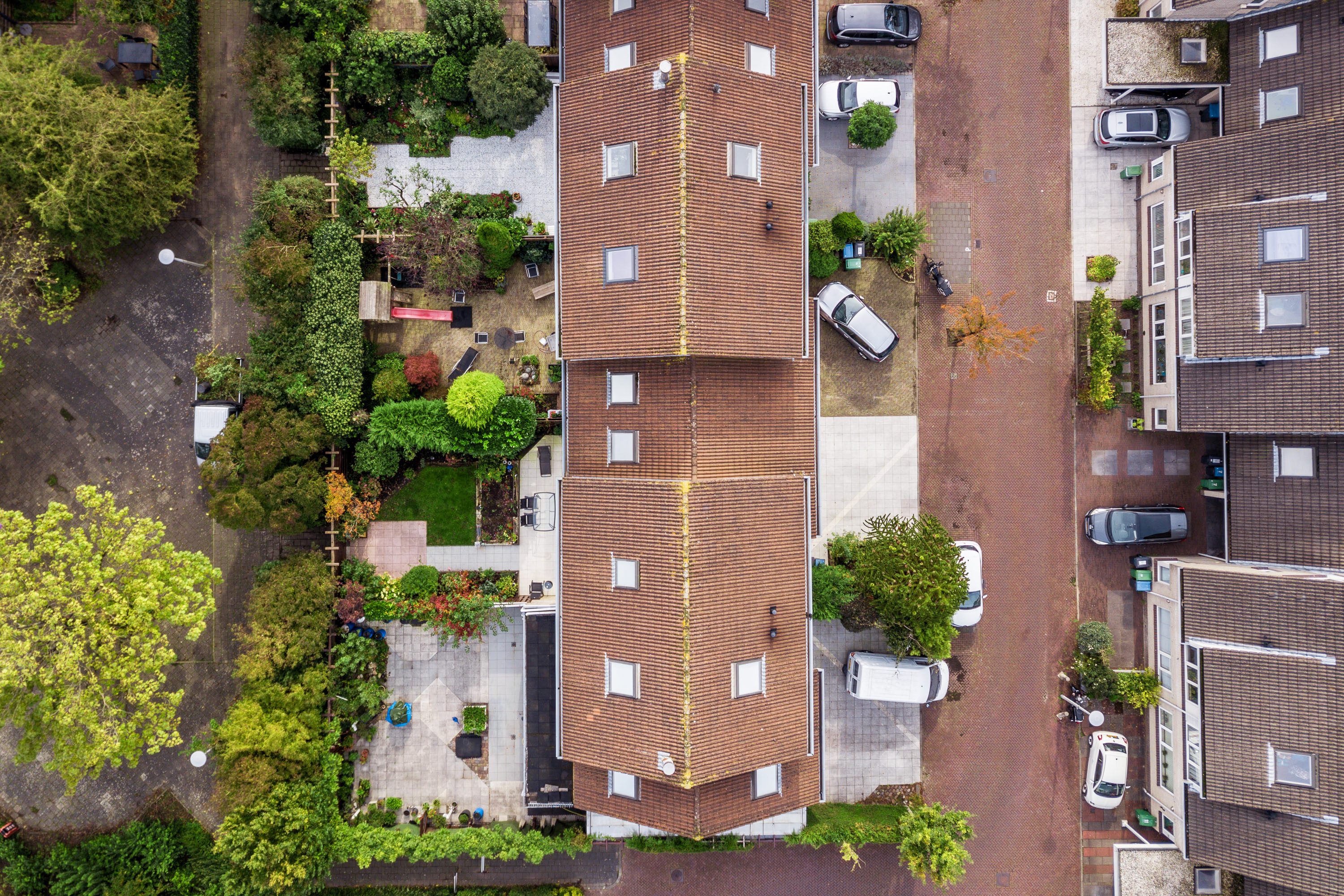 Aerial view of residential rooftops