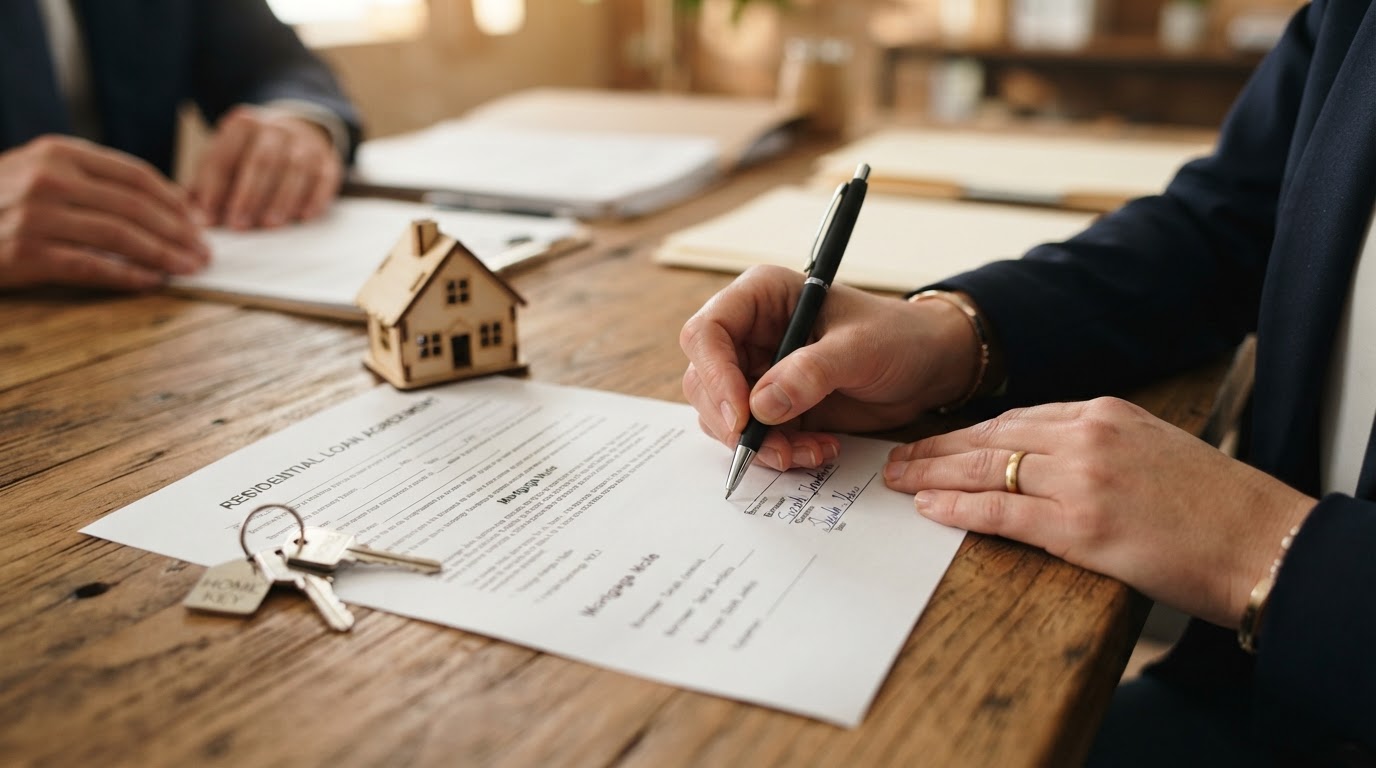 Signing mortgage closing documents and receiving house keys