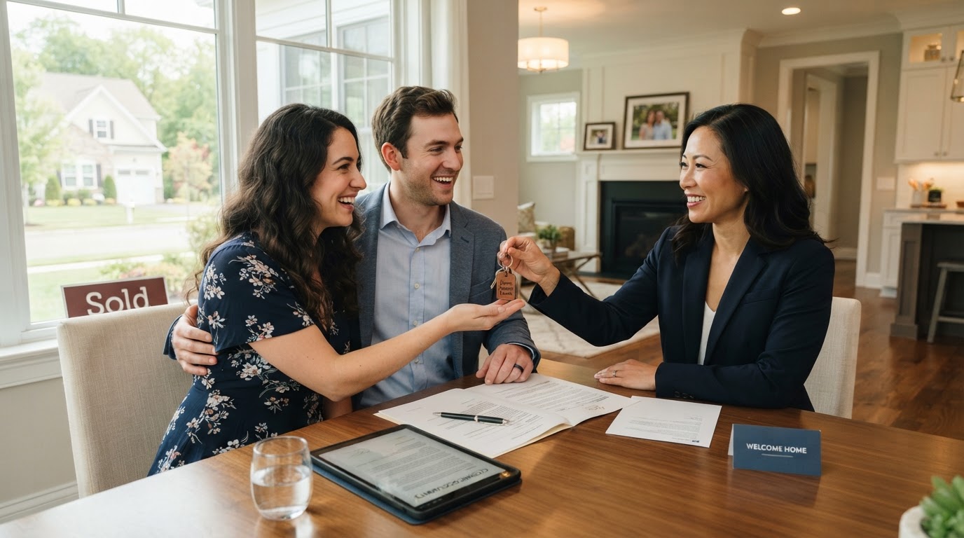Happy couple receiving keys to their new home at closing