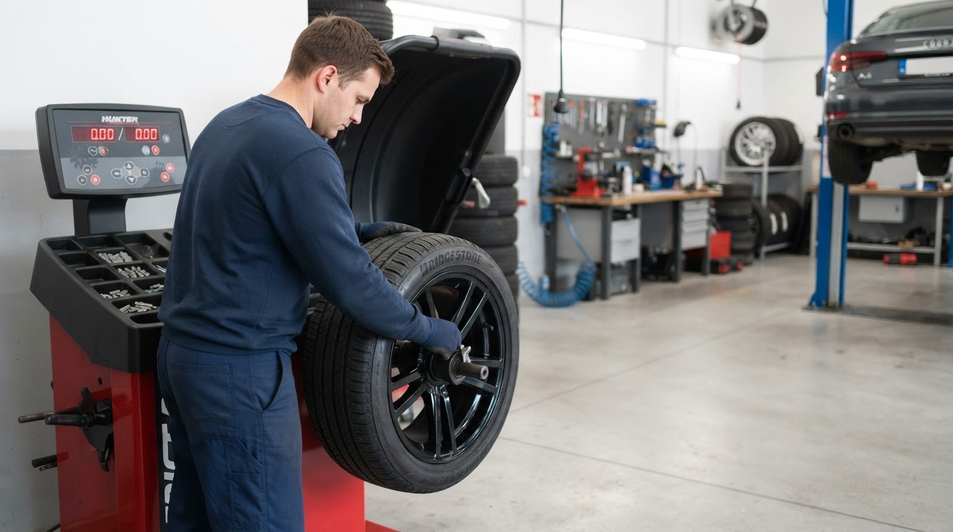 Tire mounting and balancing service in progress