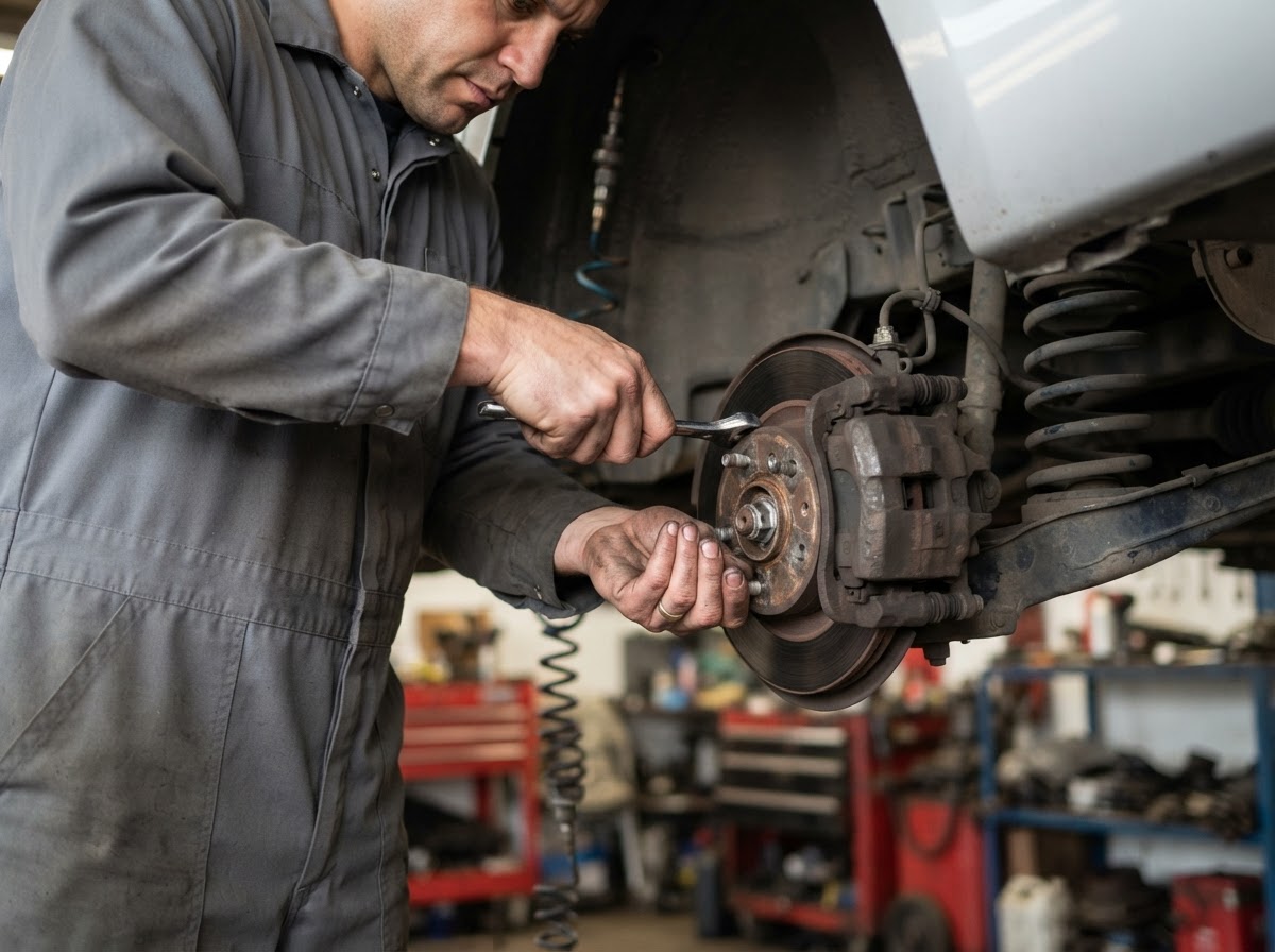 Brake repair being performed by certified mechanic