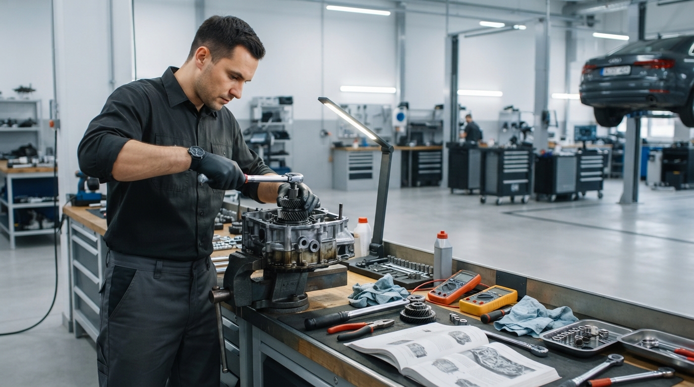 Transmission repair work on vehicle drivetrain