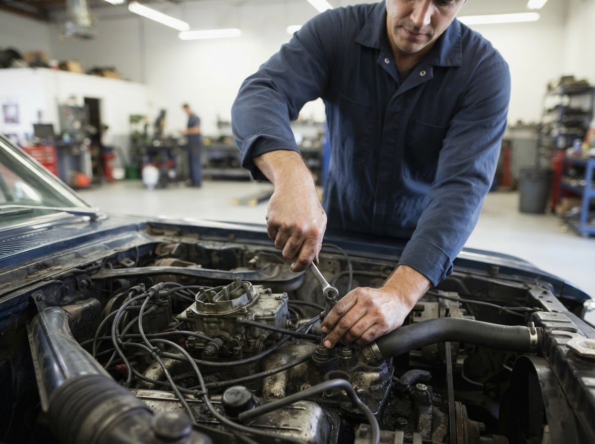 Auto repair technician performing engine diagnostics at Alpha State Auto Repair