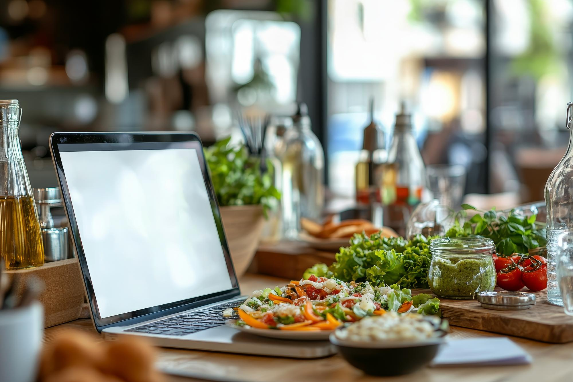 Mesa de trabalho em restaurante com laptop e refeição