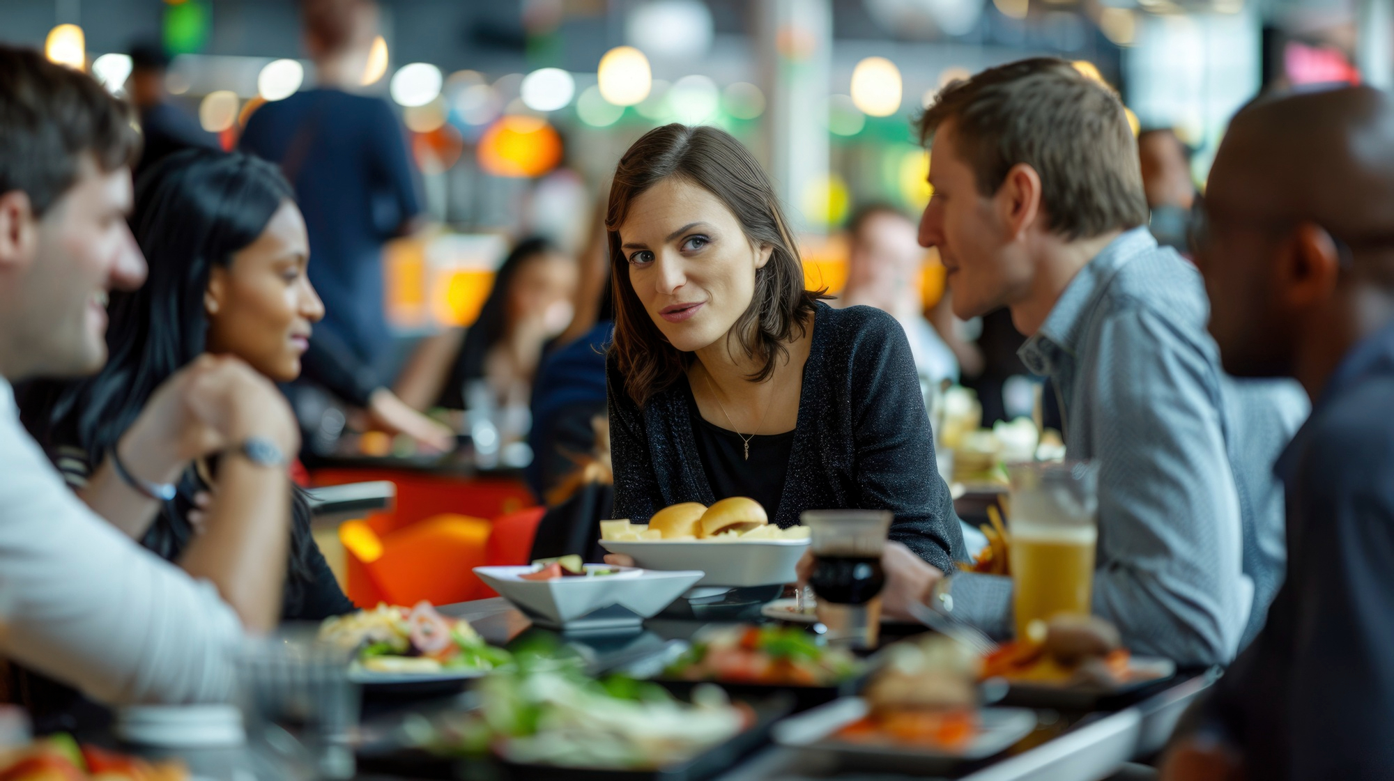 Profissionais conversando e almoçando juntos em restaurante