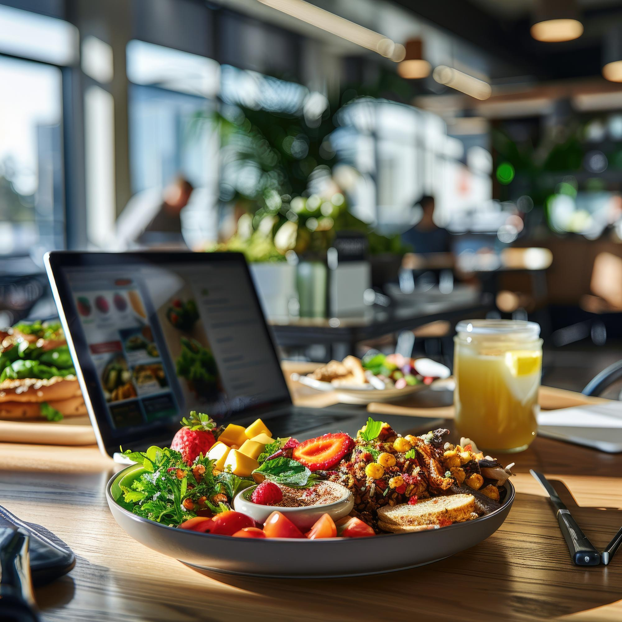 Almoço executivo saudável com notebook na mesa