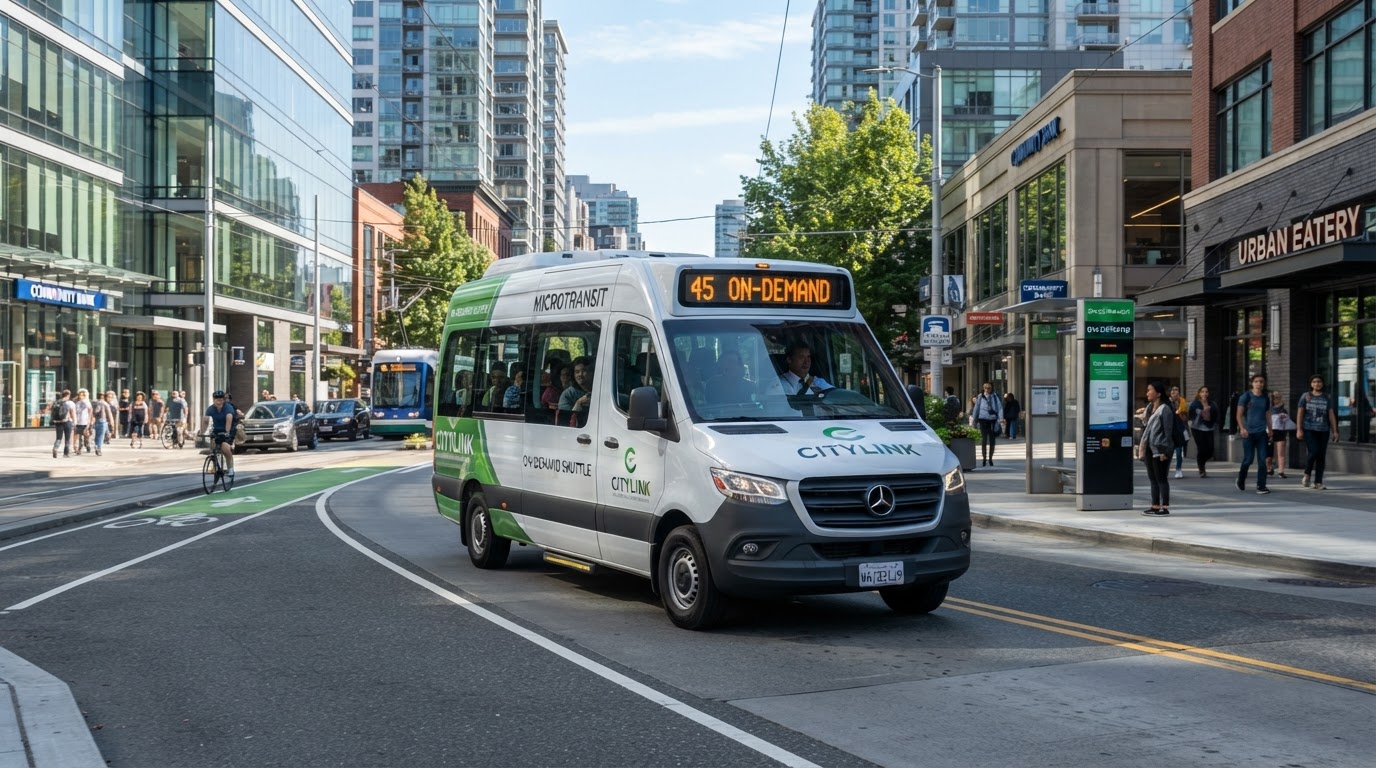 Modern accessible on-demand shuttle bus operating on a city street