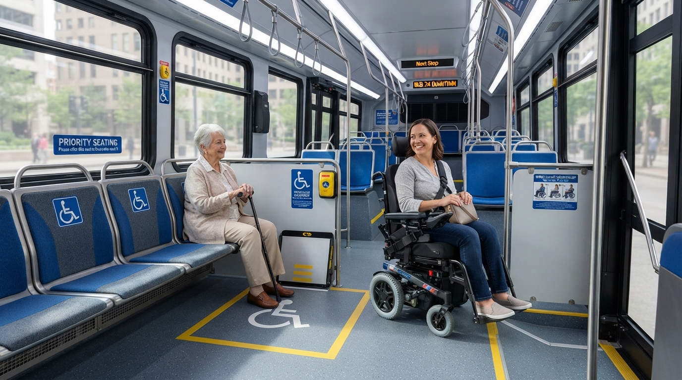 Interior of a city bus showing accessible seating and wheelchair securement area