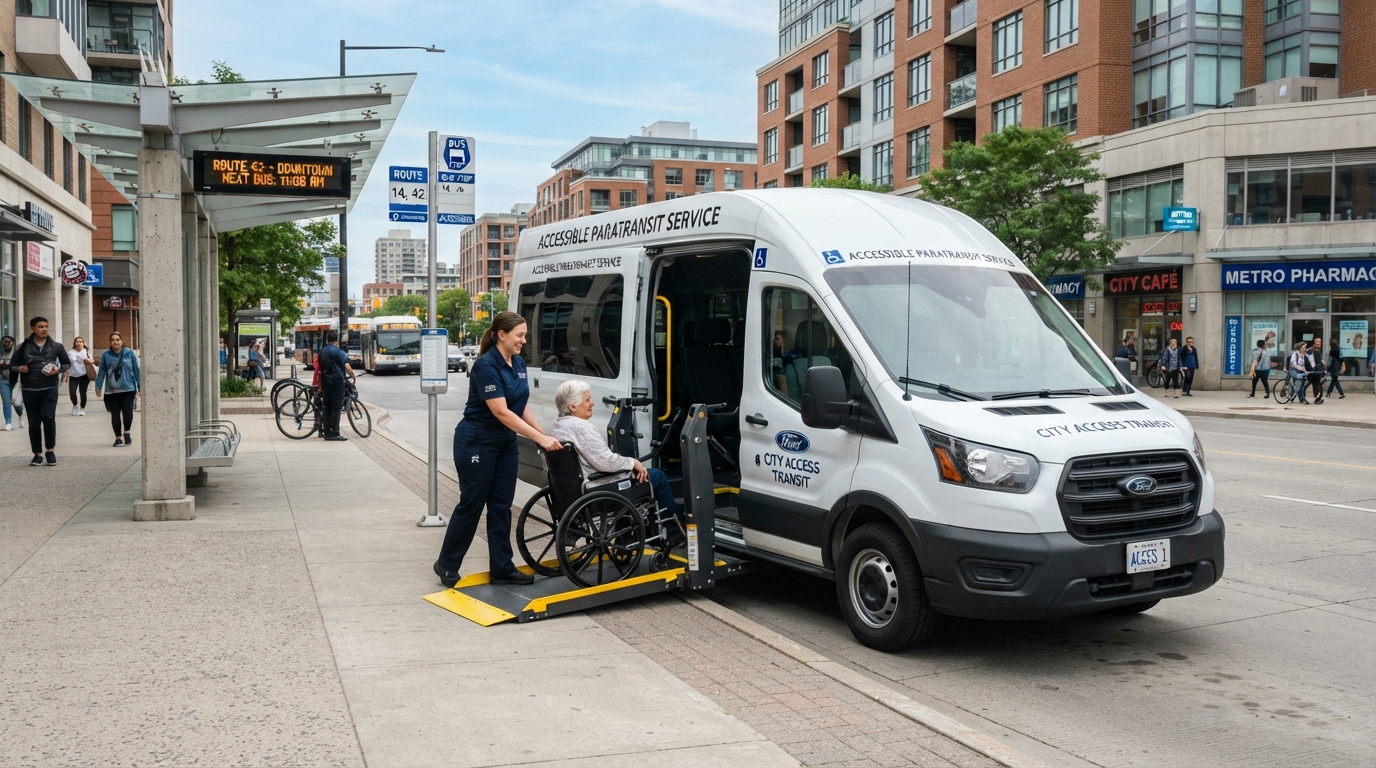 Accessible paratransit van with deployed mobility ramp at an urban transit stop