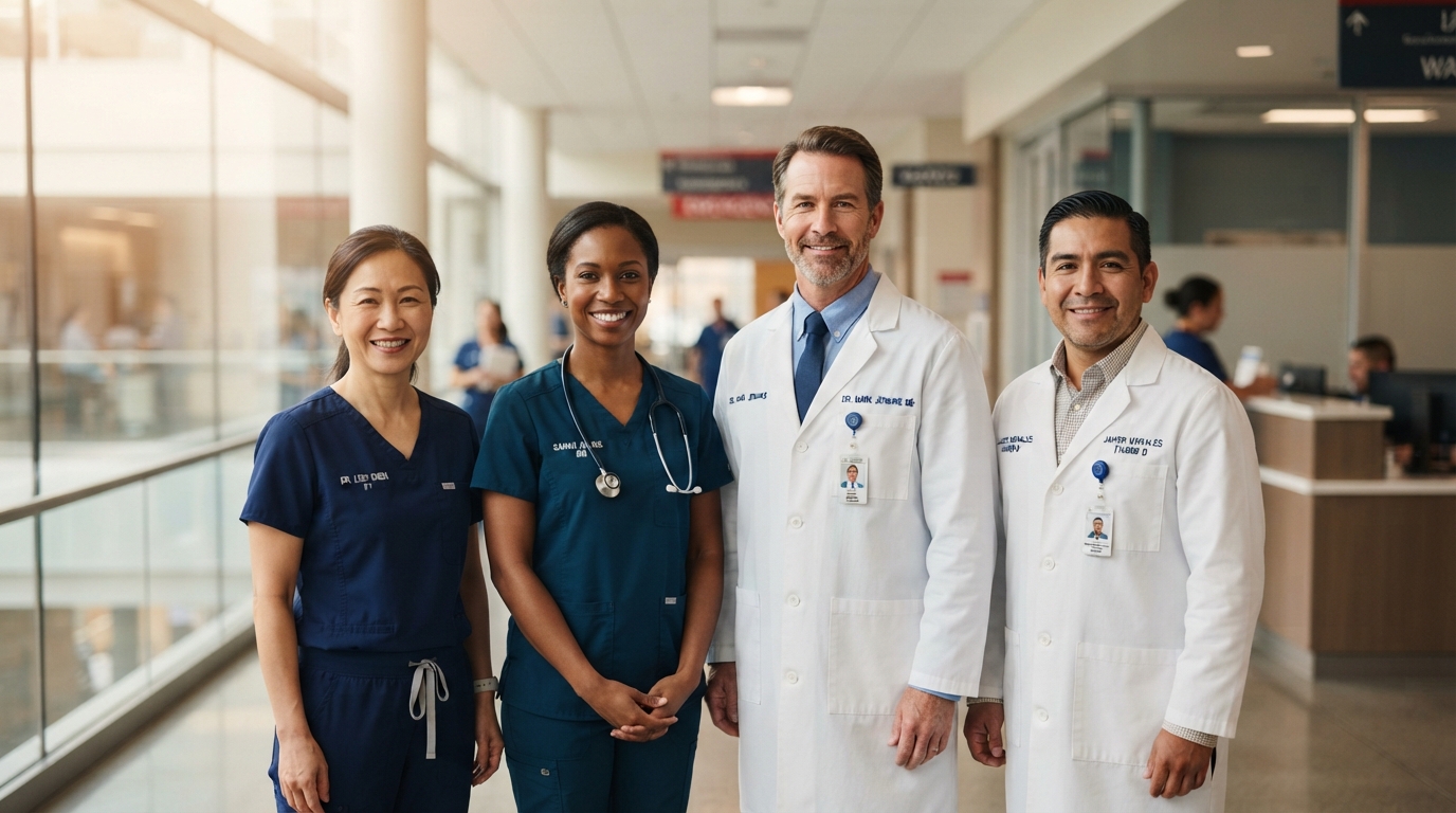 Diverse healthcare professionals including nurses, physicians, and therapists in a modern hospital